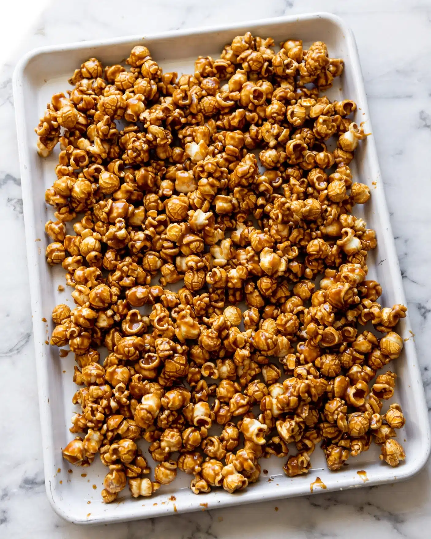 The image shows one large layer of caramel popcorn spread out evenly on a white baking sheet placed on a white marbled surface. The popcorn pieces are covered in a shiny, rich caramel coating that colors them in deep golden-brown and lighter caramel shades, with some areas showing a crisp texture. The popcorn clusters vary in size, with some pieces sticking together, creating a mix of rounded, bumpy shapes. The overall look is sticky and crunchy with a glossy finish. Photo taken with an iphone --ar 4:5 --v 7