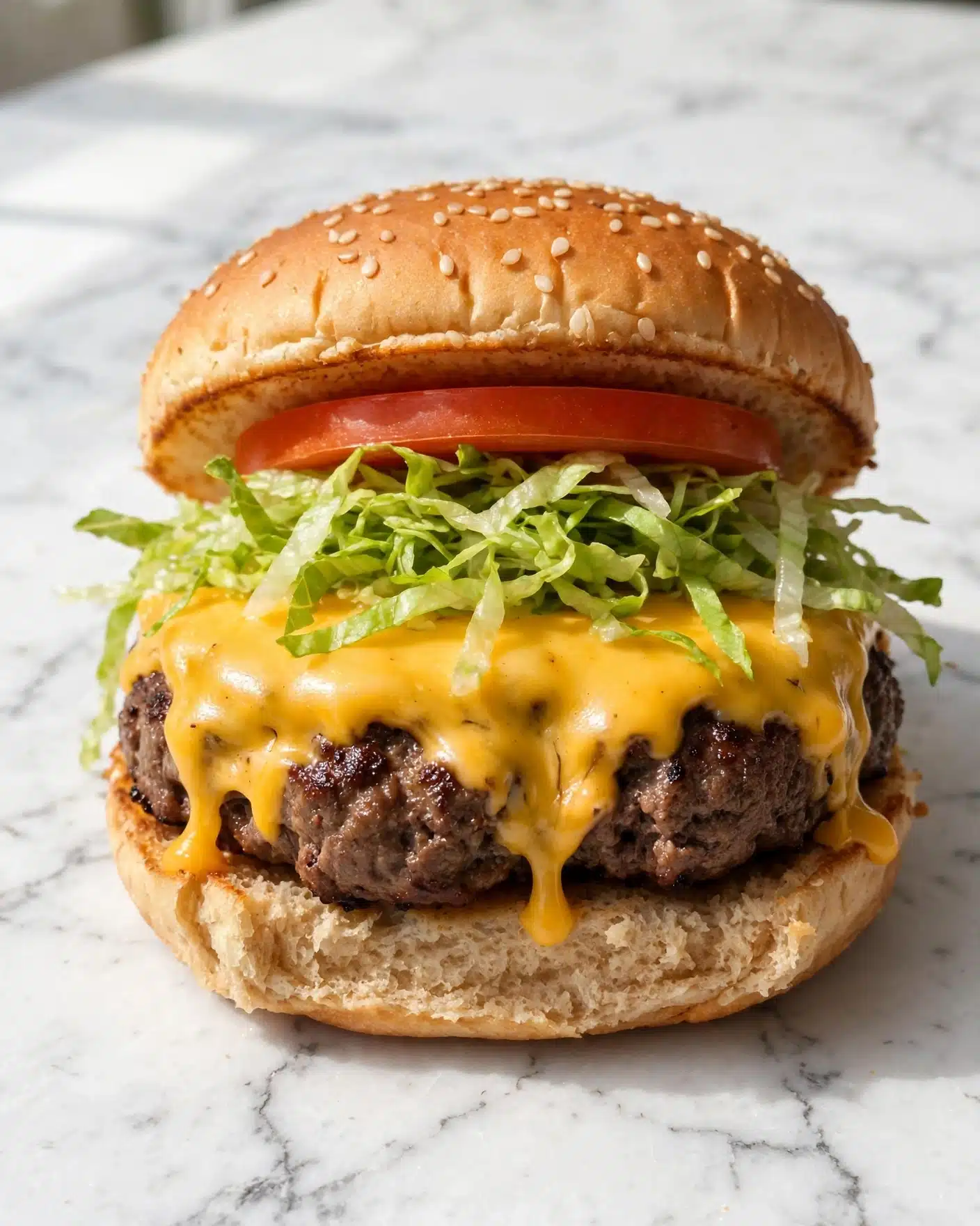 A close-up of a cheeseburger on a white marbled surface shows a sesame-seeded bun with five visible layers inside. The bottom bun is light brown and soft. On top of it, there's a beef patty with a dark brown, grilled texture. Melted bright yellow cheese covers the patty and drips slightly around the sides. Above the cheese, shredded green lettuce adds freshness, followed by a thick red tomato slice. The top bun, golden brown with white sesame seeds, completes the sandwich. The photo taken with an iphone --ar 4:5 --v 7