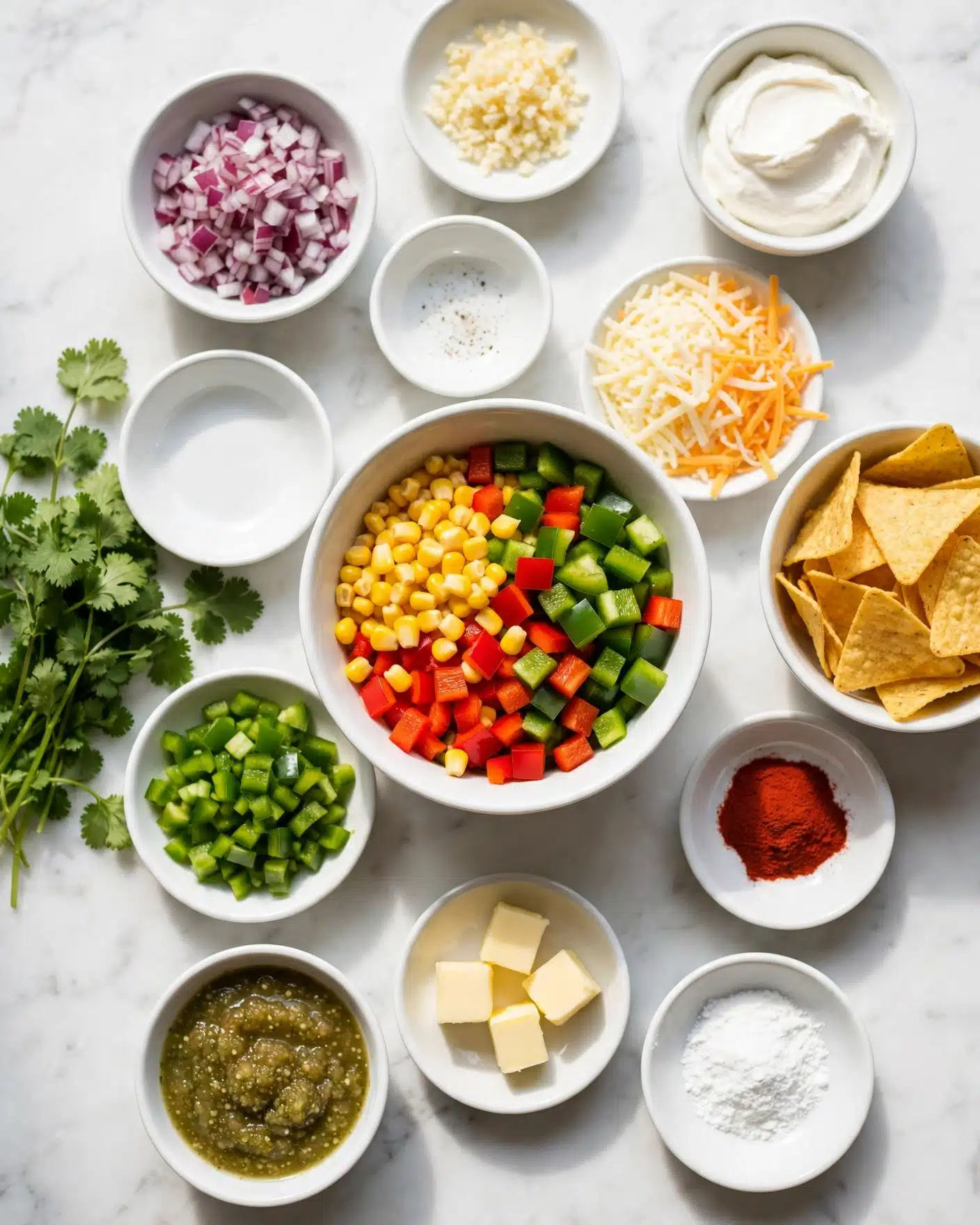 Hot Corn Dip Recipe 4 The image shows a top-down view of many small white bowls arranged on a white marbled surface, each holding different ingredients. In the center, there is a medium white bowl filled with a colorful mix of yellow corn, red and green diced peppers. Surrounding this bowl are several smaller white bowls and small dishes holding ingredients including chopped red onions, minced garlic, white cream cheese or sour cream, shredded white and orange cheeses, a small bowl of green chopped peppers, a bowl of yellowish chips, and other small dishes with white and red powders, butter cubes, and a greenish chunky sauce. Fresh green cilantro is placed on the left side of the arrangement. The bowls and dishes have vibrant, fresh food colors that contrast with the clean white marbled background. Photo taken with an iphone --ar 4:5 --v 7