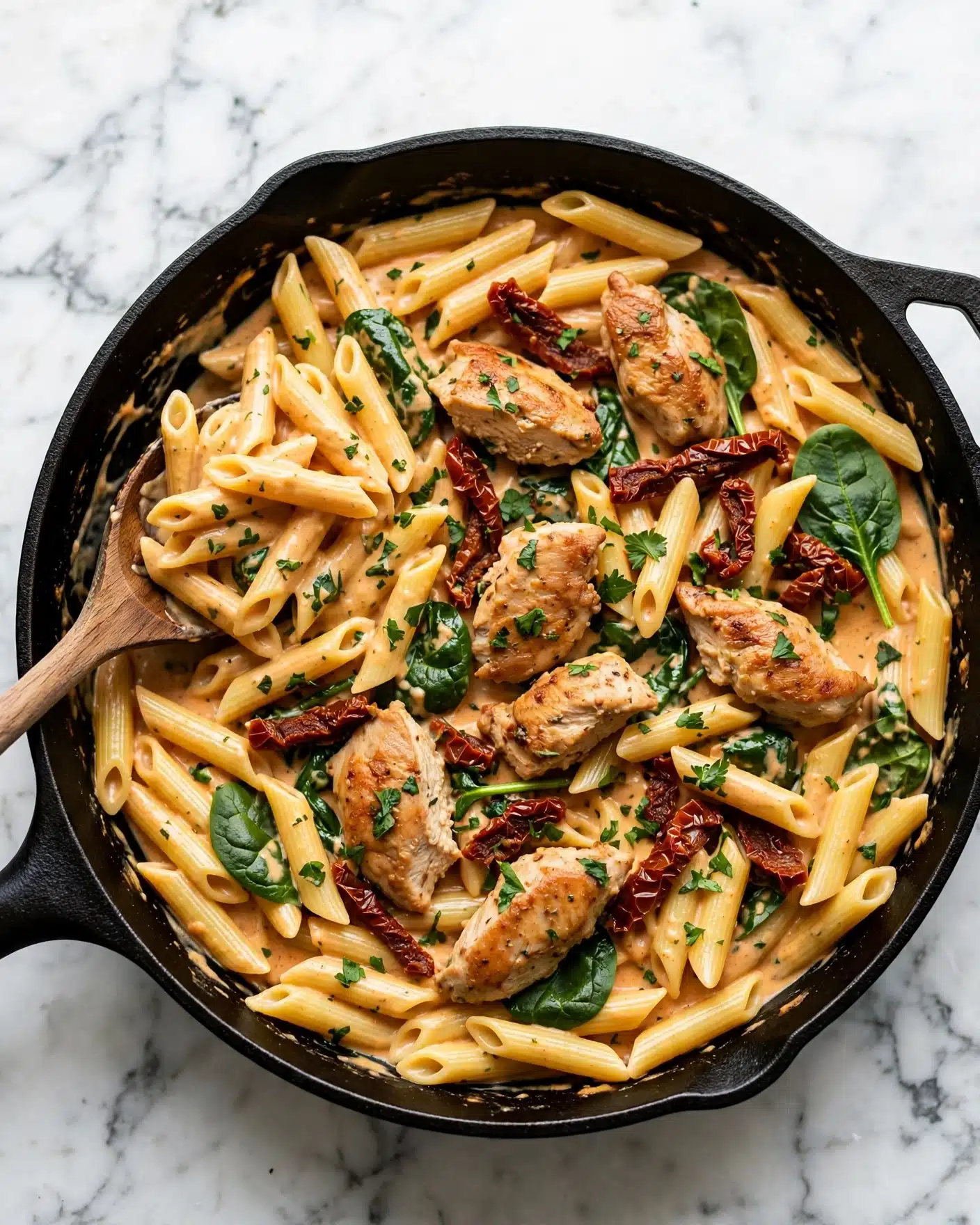 The image shows a black cast iron pan filled with creamy pasta. The pasta has three main layers: yellow penne pasta forms the base with a smooth, creamy light orange sauce covering it; scattered on top are pieces of light browned chicken and dark red sun-dried tomatoes adding texture; fresh green spinach leaves and chopped herbs are mixed throughout, providing pops of fresh green color. A wooden spoon is resting on the left side of the pan, partially lifting some pasta, and the background is a white marbled texture. Photo taken with an iphone --ar 4:5 --v 7