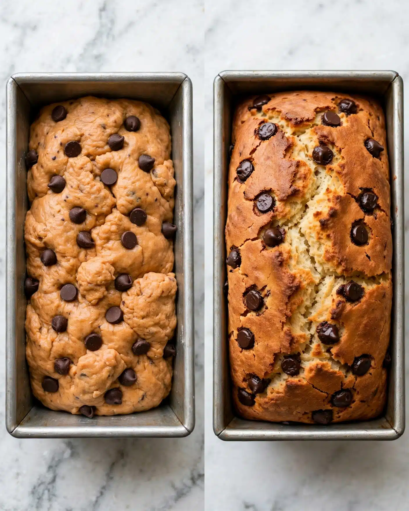 Two images side by side show a loaf pan on a white marbled surface. The left image displays raw dough with a smooth, slightly lumpy texture in a warm orange-brown color, studded with dark chocolate chips spread evenly on top. The right image shows the baked loaf, risen with a golden-brown crust, dotted with melted dark chocolate chips that have sunk slightly into the top, and a cracked surface revealing a soft interior. The loaf pan is metallic and rectangular with rounded edges. photo taken with an iphone --ar 4:5 --v 7