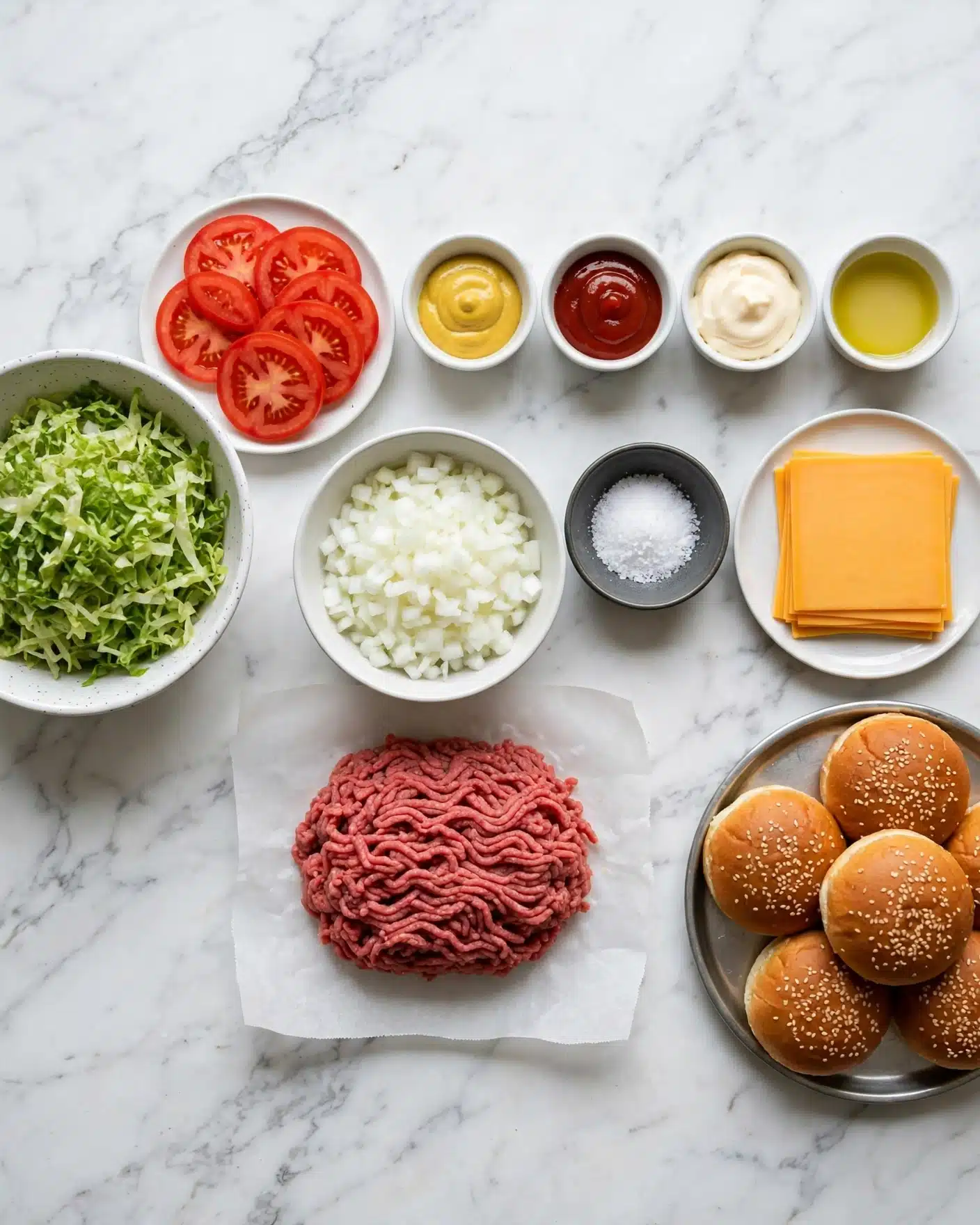 The image shows ingredients for making burgers neatly arranged on a white marbled surface. From left to right, there is a white speckled bowl with green shredded lettuce, a white plate with bright red tomato slices, and small white bowls holding yellow mustard, red ketchup, mayonnaise, and light yellow oil. In the center, raw pinkish-red ground beef rests on white parchment paper. Above it, a white bowl is filled with finely chopped white onions, and next to it, a small dark gray bowl contains white salt. To the right, there is a white plate with orange-yellow cheese slices stacked evenly, and a round silver tray holds five golden brown sesame seed burger buns. The setup is clean and organized, with a clear focus on the ingredients before cooking. photo taken with an iphone --ar 4:5 --v 7
