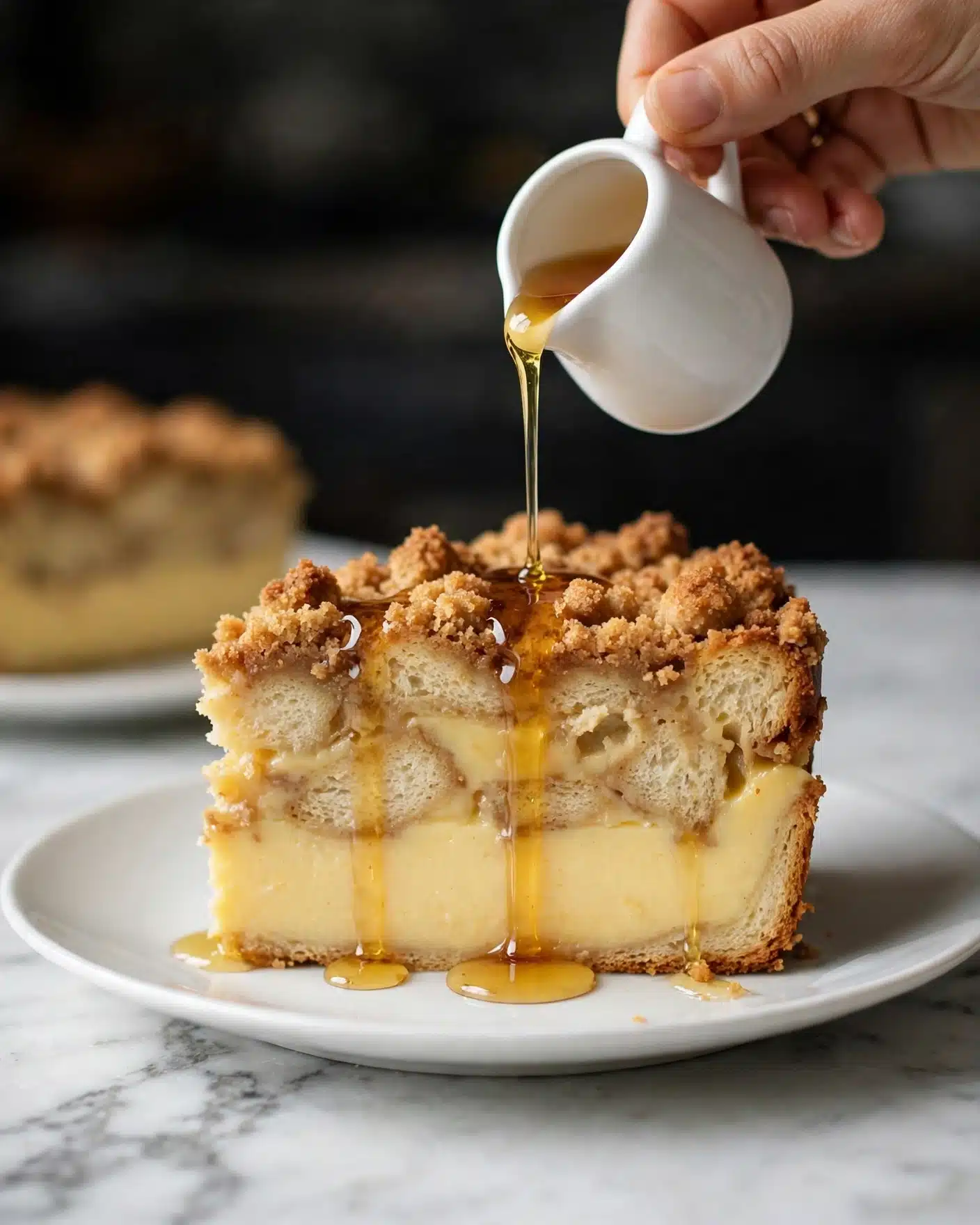 A thick slice of bread pudding with three visible layers sits on a white plate. The bottom layer is a dense, smooth yellow custard base. The middle layer contains soft, light beige bread chunks soaked in custard. The top layer is a crumbly, golden-brown streusel with a rough texture. A woman's hand holds a small white pitcher pouring a thin golden syrup over the bread pudding, which glistens as it drips down. The scene is set on a white marbled surface with a dark, blurred background. Another plate with bread pudding is visible blurred in the back. photo taken with an iphone --ar 4:5 --v 7