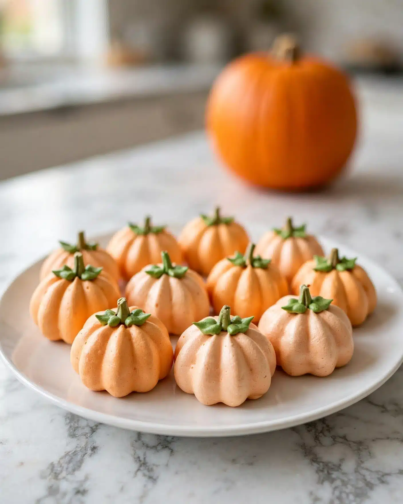 The image shows a white plate holding nine small pumpkin-shaped meringue cookies. Each cookie has one main layer colored in light orange with a smooth, slightly ridged texture forming the pumpkin shape. On top of each cookie, there is a small, green layer shaped like a stem and leaves. The cookies are arranged in a casual cluster on the plate, which sits on a surface with a white marbled texture. In the background, there is a bright orange pumpkin placed upright, adding depth and color contrast. The photo taken with an iphone --ar 4:5 --v 7