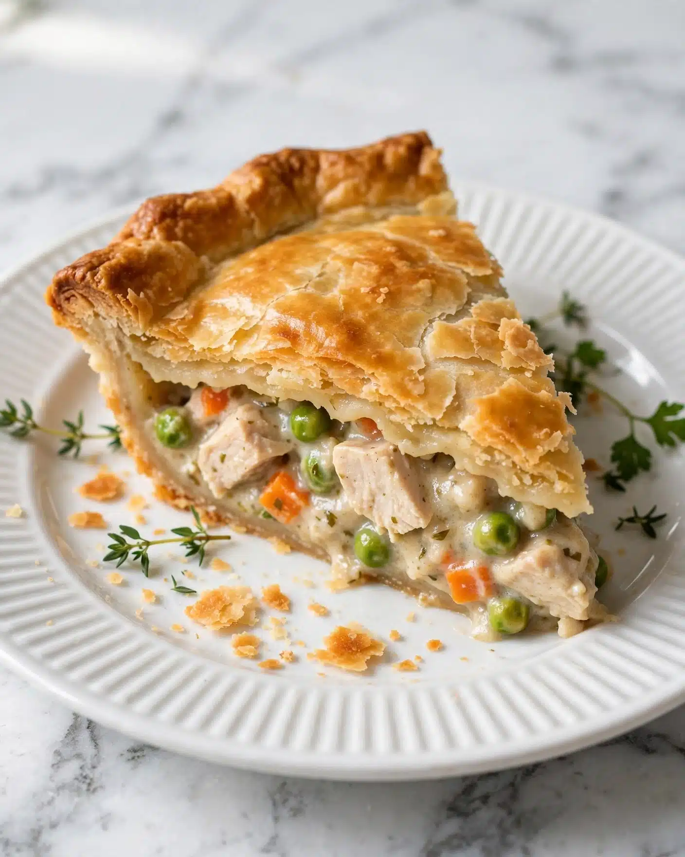 A slice of chicken pot pie sits on a white plate with ridged edges, placed on a white marbled surface. The pot pie has two layers of golden-brown, flaky crust with a slight shine on top. Inside, a creamy filling shows chunks of white chicken, bright green peas, and orange carrot pieces, visible along the side where the slice is cut. There are small crumbs of crust on the plate and a few sprigs of fresh herbs scattered around the base. The focus is close up, showing the texture of the crust and veggies clearly. Photo taken with an iphone --ar 4:5 --v 7