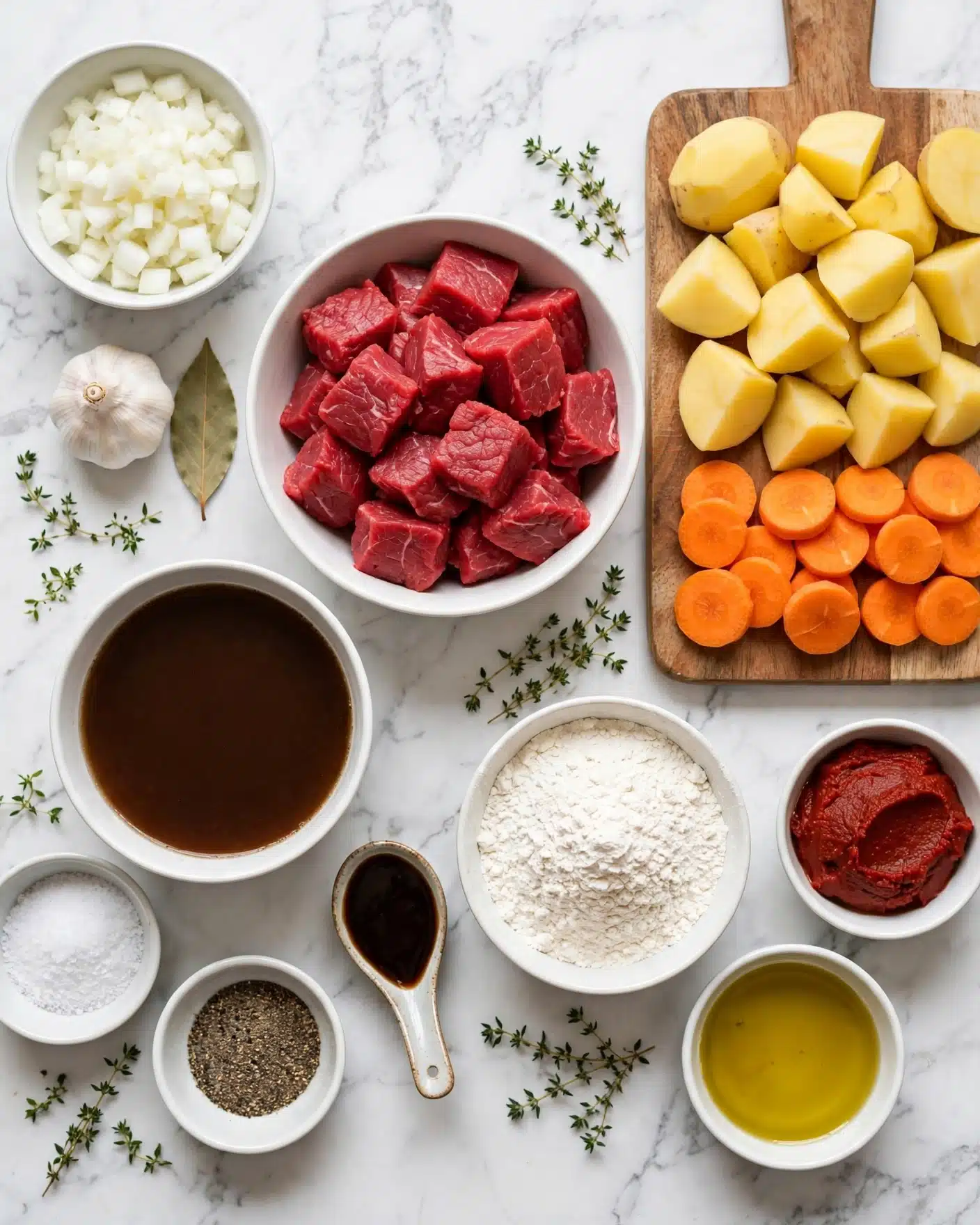 The image shows an overhead view of ingredients neatly arranged on a white marbled surface. In the center is a white bowl filled with bright red beef chunks. To the right, a wooden board holds two layers: the top layer has peeled yellow potatoes in irregular shapes, and below are bright orange carrot slices. Surrounding the bowls and board are smaller white bowls and containers holding different ingredients: chopped white onion, a whole garlic bulb with a bay leaf next to it, dark brown beef broth in a white bowl, a small white bowl of salt, a small bowl with black pepper, a small spoon with dark Worcestershire sauce, a white bowl filled with white flour, a white bowl of yellow olive oil, and a white bowl with deep red tomato paste. Small sprigs of fresh green thyme are scattered near some of the ingredients. The whole scene is clean and well-lit, photo taken with an iphone --ar 4:5 --v 7