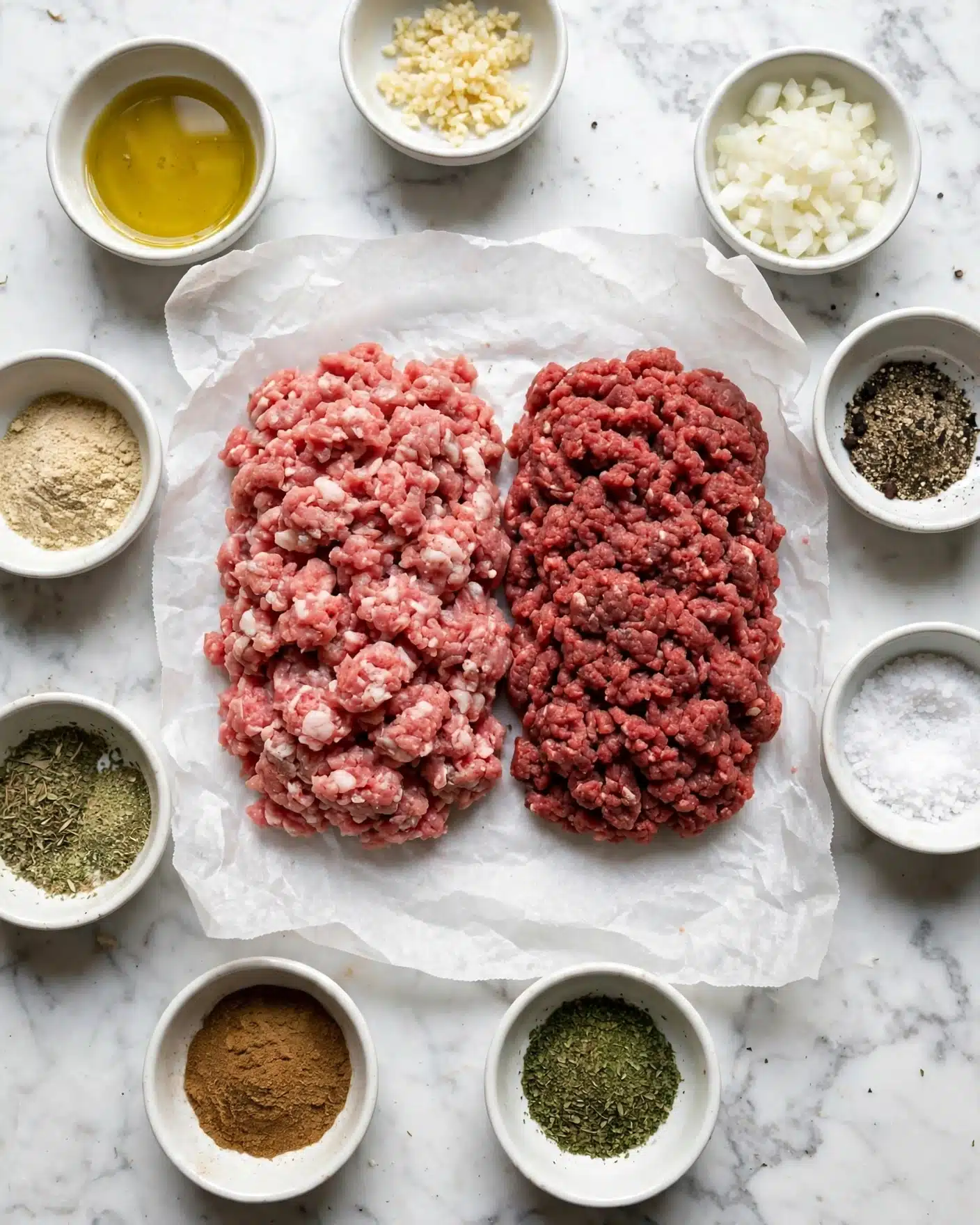 Easy Gyro Meat Recipe 4 Two layers of raw ground meat sit on white parchment paper side by side; the left layer is a pinkish light red with visible white fat bits, while the right layer is a deeper red with a coarser texture. Surrounding them are nine small white bowls arranged loosely around the meat on a white marbled surface; these hold various spices and ingredients including yellow olive oil, minced garlic, chopped onions, black pepper, coarse salt, and several finely ground herbs and spices in shades of green, brown, and beige. photo taken with an iphone --ar 4:5 --v 7