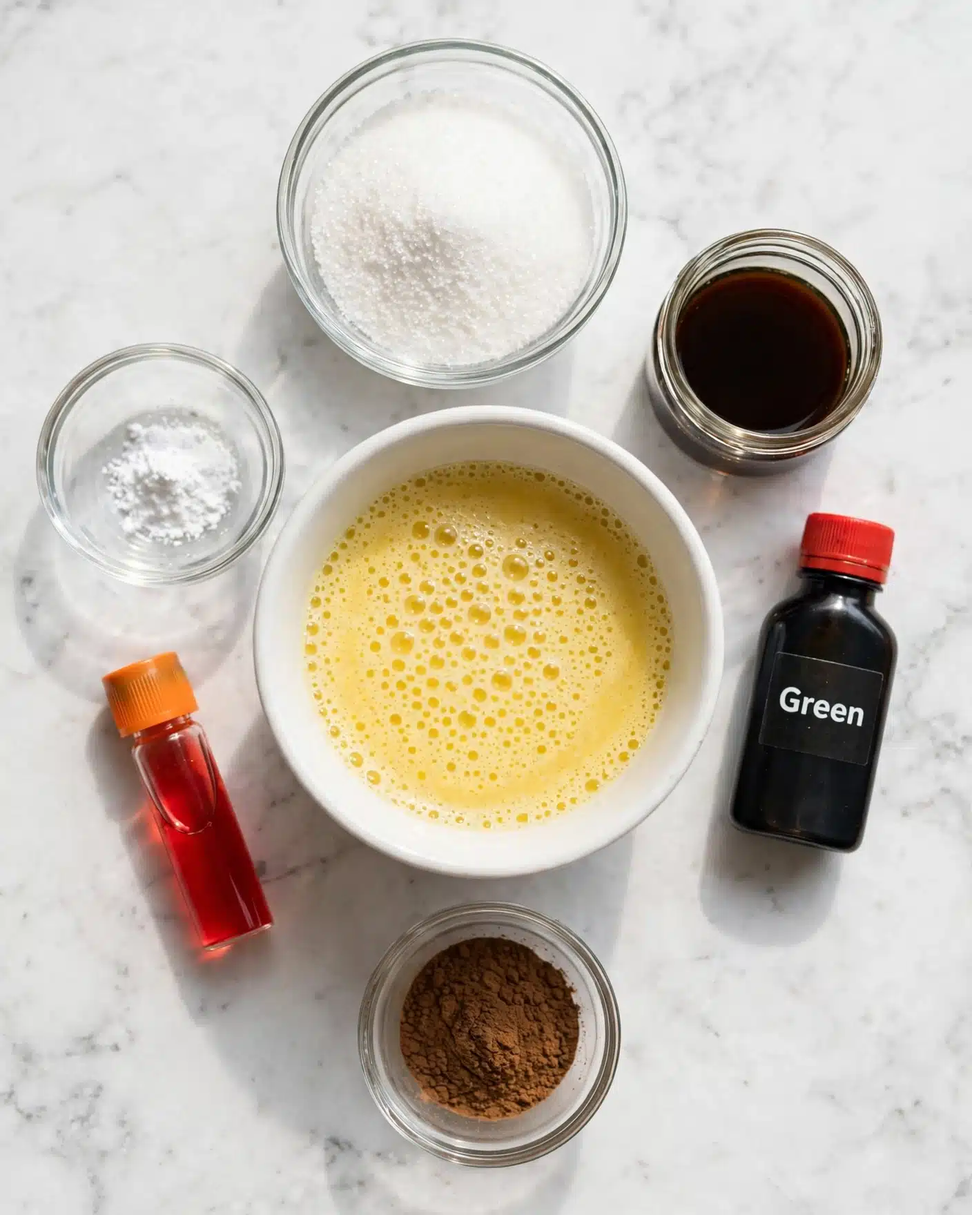 The image shows six different items arranged on a white marbled surface. In the center, there is a white bowl filled with a yellow liquid with small bubbles. Above this bowl, there is a clear glass bowl filled with white powder, likely sugar. To the right of the glass bowl, there is a smaller clear glass container filled with a dark brown liquid. Below that, a black bottle with a red cap labeled 