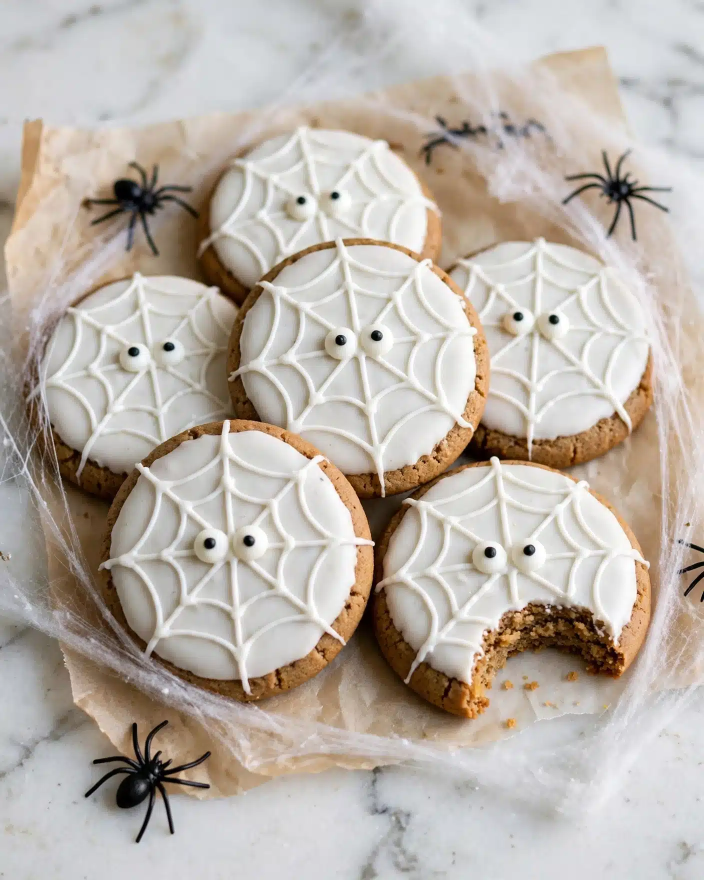 Round cookies with a smooth, white icing layer covering the top of each cookie. On the icing, thin white icing lines are drawn across the cookies, creating a web-like pattern. Each cookie has two small white icing eyes with black dots in the middle, placed near the center. The cookies are arranged close together on a sheet of parchment paper, which lies on a white marbled surface. Around the cookies, there are fake spider webs and small black plastic spiders. One cookie has a bite taken out of it, showing the soft inside. Photo taken with an iphone --ar 4:5 --v 7
