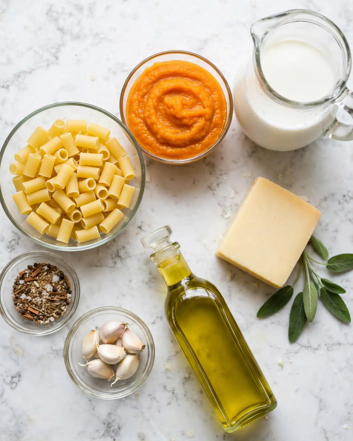 A top view of various cooking ingredients laid out on a white marbled surface, featuring one clear glass bowl filled with small tubular pasta in light yellow, another clear glass bowl with a thick orange puree, a clear glass pitcher containing white liquid, a block of pale yellow cheese, a small glass bowl with garlic cloves, a small glass bowl with mixed spices in brown and white, a few fresh green sage leaves resting beside the cheese, and a clear glass bottle with light yellow olive oil visible inside photo taken with an iphone --ar 4:5 --v 7