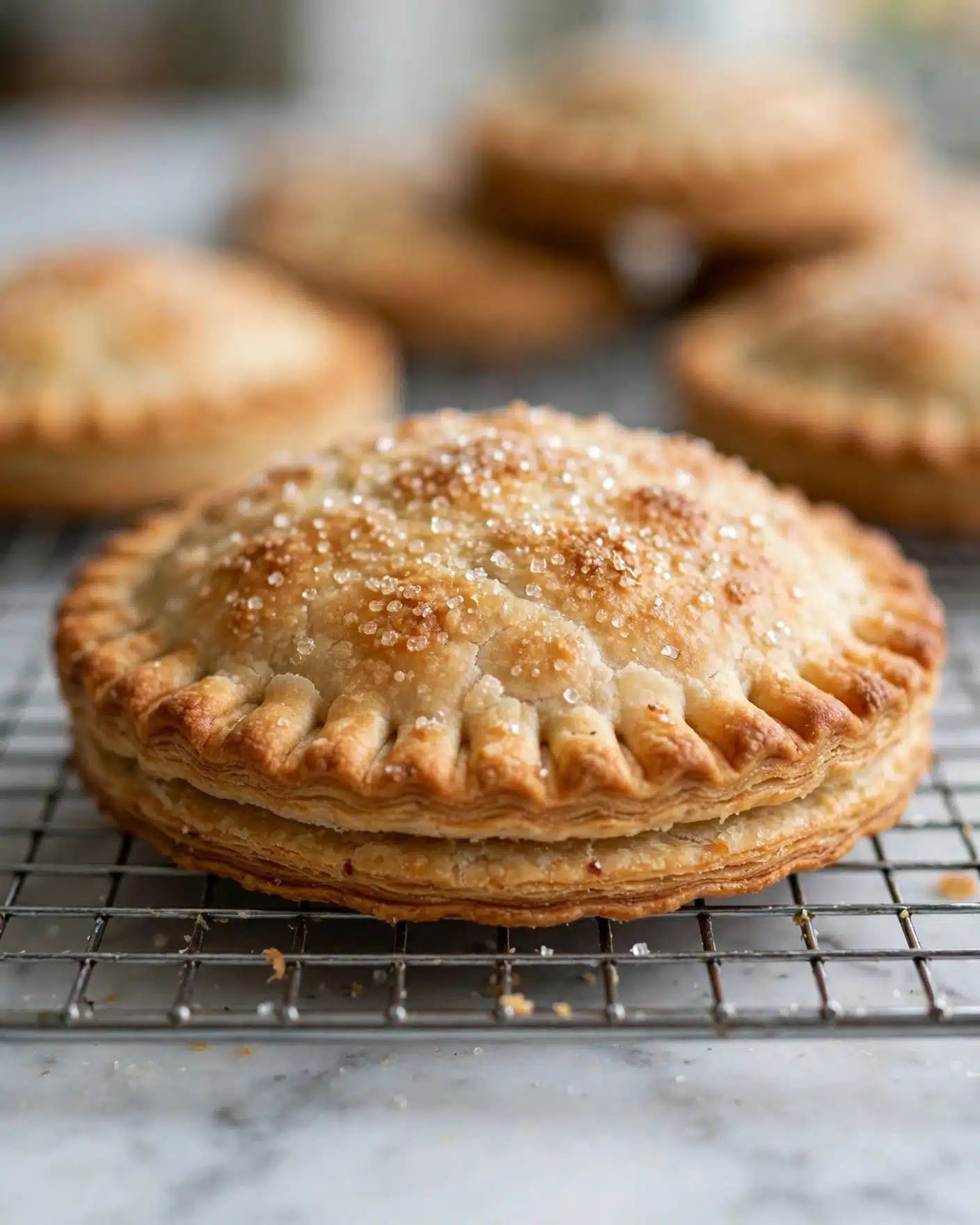 The image shows close-up of a golden-brown pastry sitting on a metal cooling rack. The pastry has two visible layers with the top layer having a slightly rough texture, sprinkled with sugar crystals and some brown spots indicating light toasting or baking. The edges of the pastry have an evenly crimped pattern, giving it a neat, rounded shape. The background is softly blurred, with more similar pastries visible out of focus. The surface beneath the rack is a white marbled texture. photo taken with an iphone --ar 4:5 --v 7