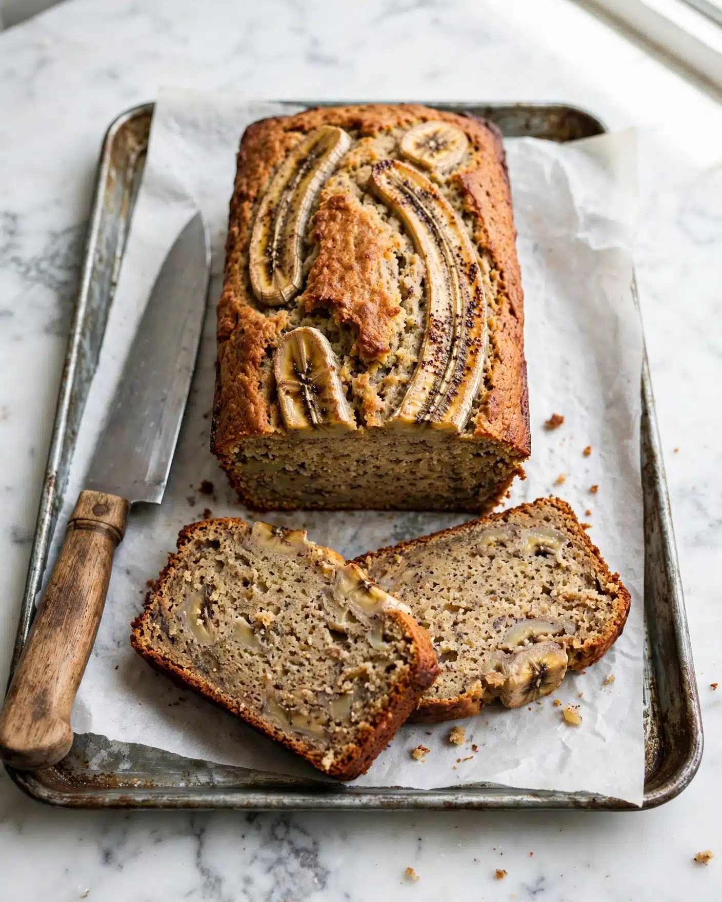 A rectangular loaf of banana bread with a golden brown crust sits on white parchment paper on top of a rustic metal tray. The top of the bread has visible slices of baked banana, slightly caramelized, adding texture and a speckled look. Two thick slices are cut from the loaf and placed in front, showing a moist, dense interior with a light brown, speckled crumb full of banana bits. A large knife with a wooden handle lies to the left side of the tray. The whole setup is on a white marbled surface photo taken with an iphone --ar 4:5 --v 7