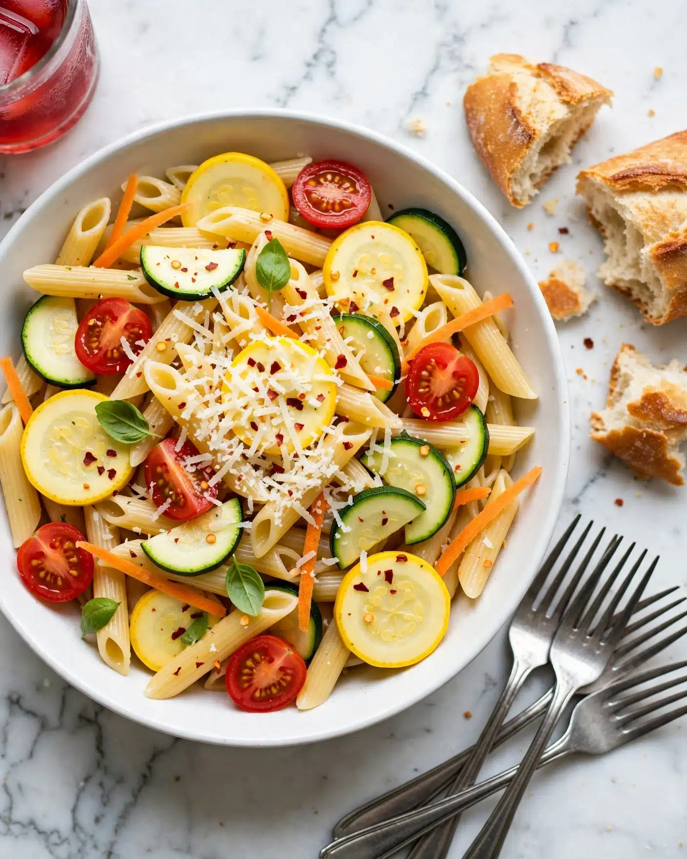 A white bowl filled with penne pasta layered with bright yellow and green zucchini slices, halved red cherry tomatoes, thin orange carrot strips, and small green basil leaves. The pasta is topped with grated white cheese and sprinkled with red chili flakes. The bowl is placed on a white marbled surface with torn pieces of crusty bread on the side and three silver forks resting nearby. A glass of red drink is partially visible at the top left corner. photo taken with an iphone --ar 4:5 --v 7