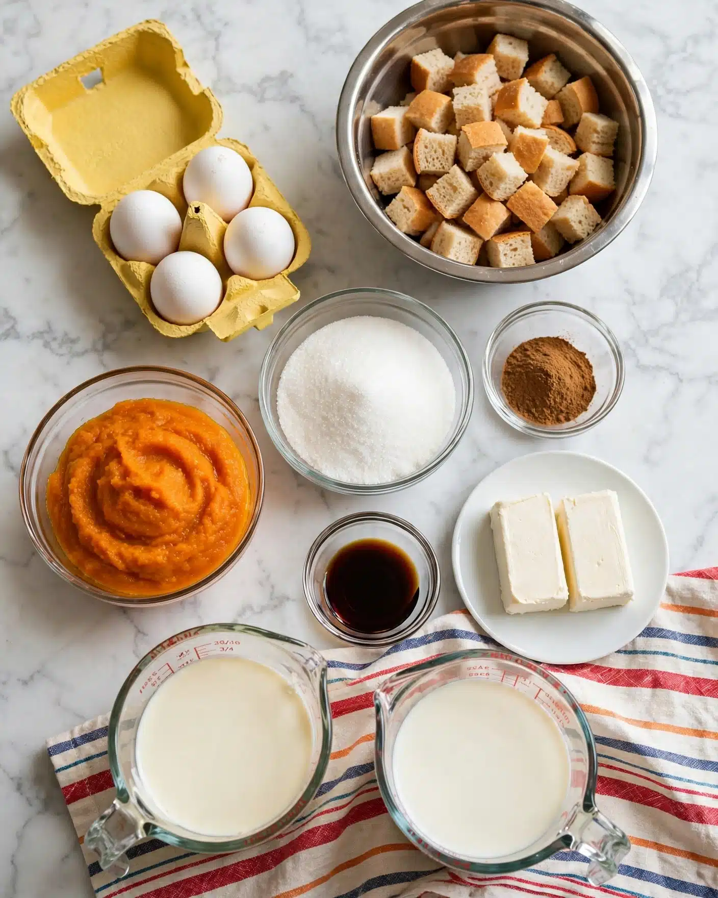 The image shows a collection of baking ingredients neatly arranged on a white marbled surface. There is a silver bowl filled with small cubes of bread at the top right. To the left, a yellow egg carton holds four white eggs. Below the eggs is a clear glass bowl of bright orange pumpkin puree. Near the center, a clear glass bowl filled with white sugar sits next to a small bowl of brown spice, likely cinnamon or nutmeg. A small glass bowl with dark brown vanilla extract is near a white plate holding two rectangular blocks of cream cheese. At the bottom, two clear measuring cups hold cream and milk, with cream on the left and milk on the right. A striped cloth with red, cream, blue, and orange lines lies beneath some of the items. The items are arranged orderly with clear textures and colors visible. photo taken with an iphone --ar 4:5 --v 7