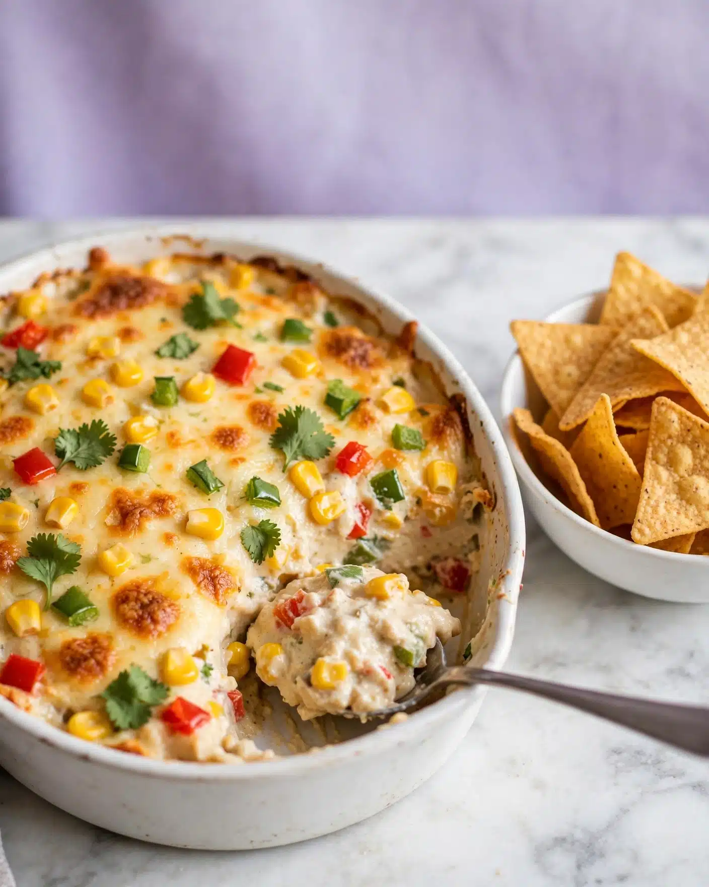 Hot Corn Dip Recipe 5 This image shows a white pot dish filled with a creamy layered casserole. The bottom layer looks thick and light beige, topped with a melted cheese layer that is a mix of golden yellow and light brown colors. Scattered over the cheese are bright yellow corn kernels, bits of red and green peppers, and small fresh green leaves of cilantro adding color contrast. Near the bottom right side of the pot is a silver spoon scooping out some of the casserole, showing the creamy mixture inside with corn and bits of vegetables. Next to the pot is a white bowl filled with golden tortilla chips on a white marbled surface. The background is a soft light purple. Photo taken with an iphone --ar 4:5 --v 7