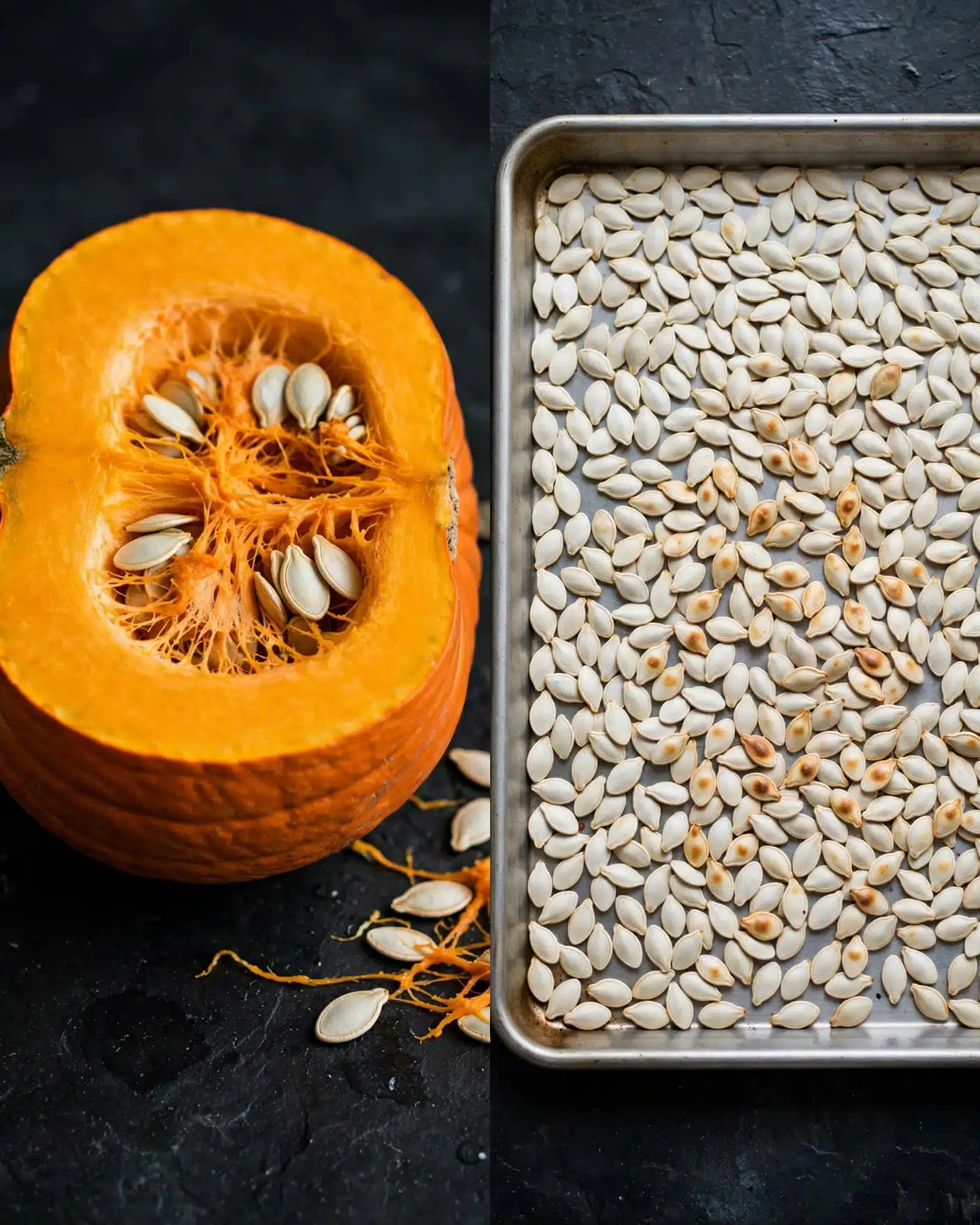 The image shows two views: on the left, a pumpkin cut in half revealing bright orange flesh and white seeds attached to stringy, fibrous parts inside, placed on a dark surface; on the right, many white pumpkin seeds spread out evenly on a metal baking tray with some light brown spots, ready to be roasted. photo taken with an iphone --ar 4:5 --v 7