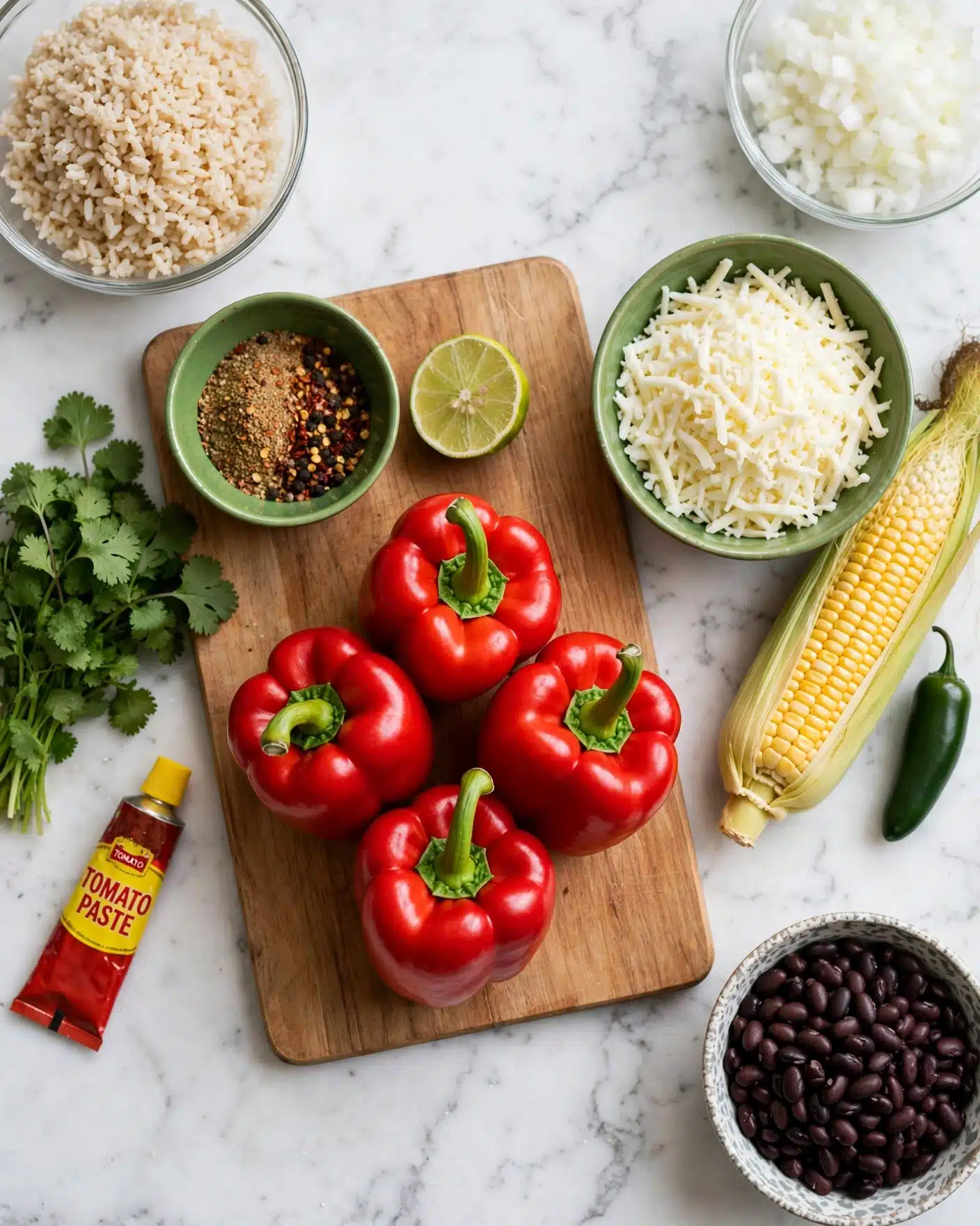 The image shows a wooden cutting board placed on a white marbled surface, holding four bright red bell peppers arranged in a loose cluster with their green stems facing up. On the board’s top left is a small green bowl with mixed spices in brown, black, and red shades, and beside it a halved lime with bright green skin and a light green inside. To the right of the board, there is a green bowl filled with shredded white cheese, next to a partially husked yellow corn ear with kernels showing. A small dark green jalapeño pepper rests beside the corn. On the white marbled surface around the board, a clear bowl of light brown cooked rice is at the top left, a clear bowl of chopped white onions is at the top right edge, a small white speckled bowl filled with dark black beans is at the bottom right, fresh green cilantro is in a bunch on the left side, and a red and yellow tube of tomato paste lies on the left near the peppers. photo taken with an iphone --ar 4:5 --v 7