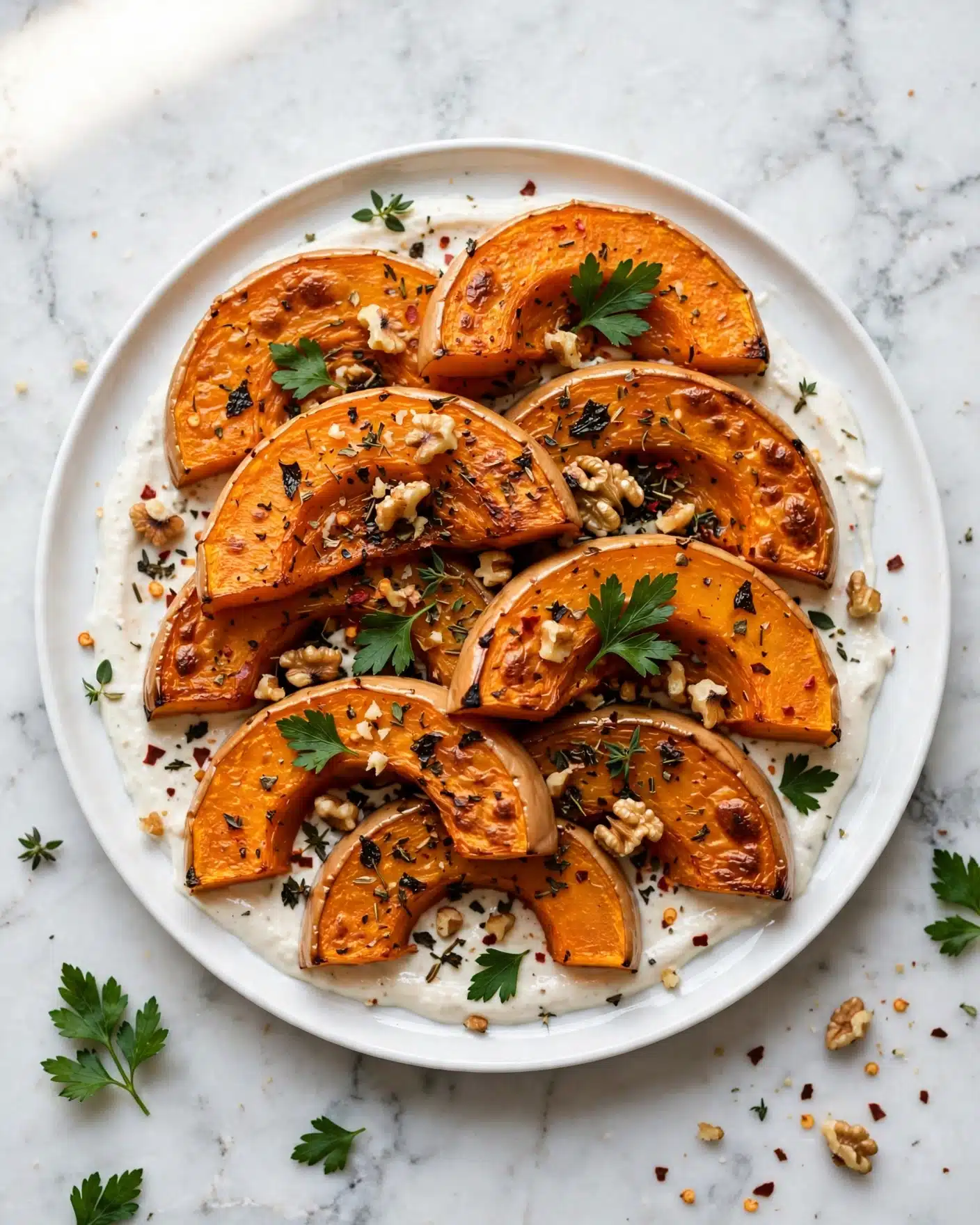 The image shows a white plate with roasted butternut squash halves arranged in layers, each piece a bright orange with a slightly caramelized, textured surface. Underneath the squash, there is a creamy white sauce spread unevenly on the plate, creating a soft base layer. The squash is sprinkled with small chopped walnuts, dark herbs, and fresh green parsley leaves scattered on top, adding contrast and texture. Small bits of chili flakes or spices create tiny red specks over the dish, enhancing the colors. The plate sits on a white marbled surface with some extra parsley leaves nearby as decoration. photo taken with an iphone --ar 4:5 --v 7