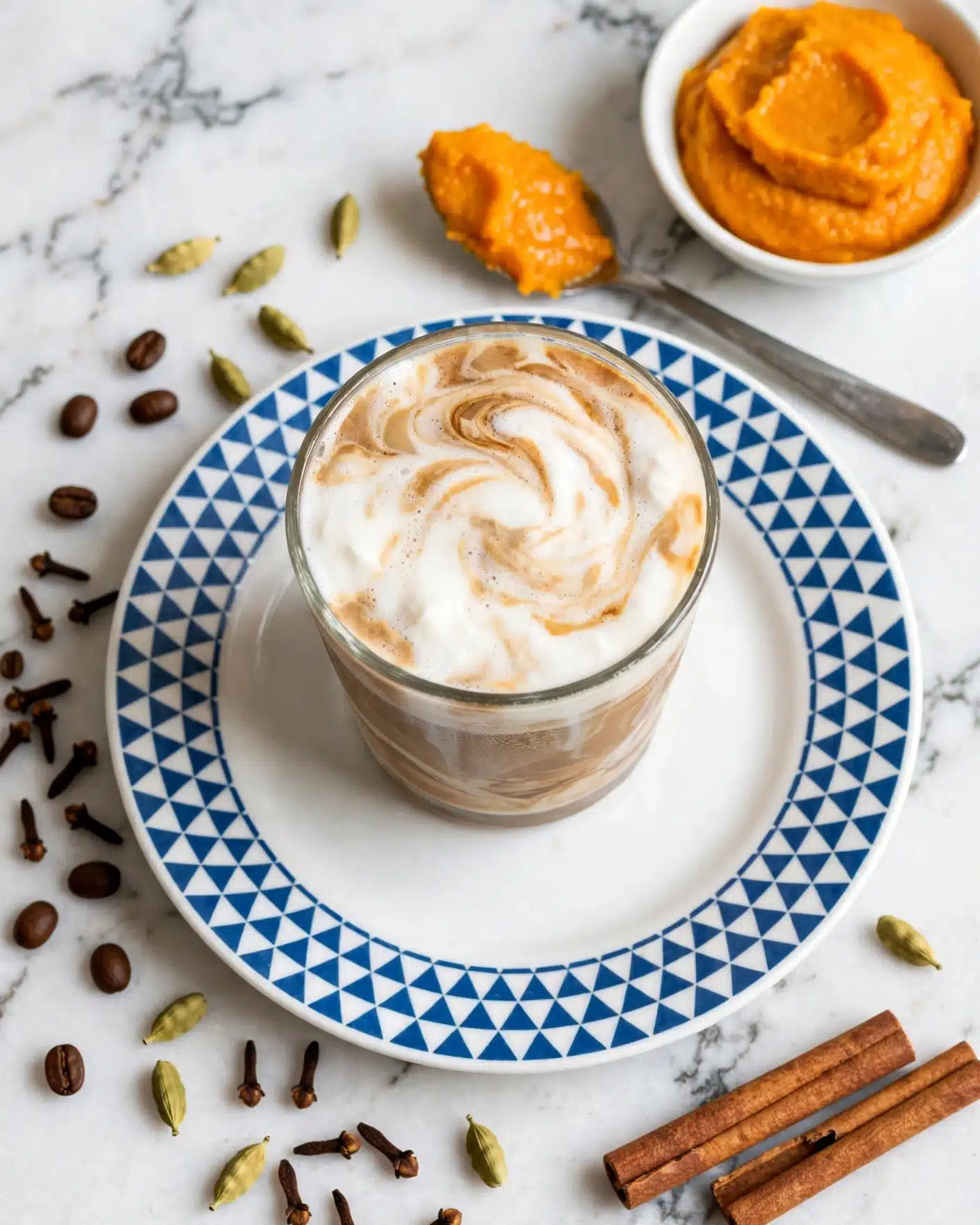 Easy Pumpkin Spice Latte Recipe 5 A clear glass cup filled with a layered drink showing white frothy cream on top with light brown swirls mixed in, set on a white plate with blue geometric triangle patterns. Around the plate are scattered spices like coffee beans, cloves, and cardamom. Near the top right of the image, a small white bowl holds a thick, smooth bright orange paste, with a silver spoon resting above the plate containing some of the same orange paste. At the bottom right, two brown cinnamon sticks are placed on a white marbled surface. Photo taken with an iphone --ar 4:5 --v 7