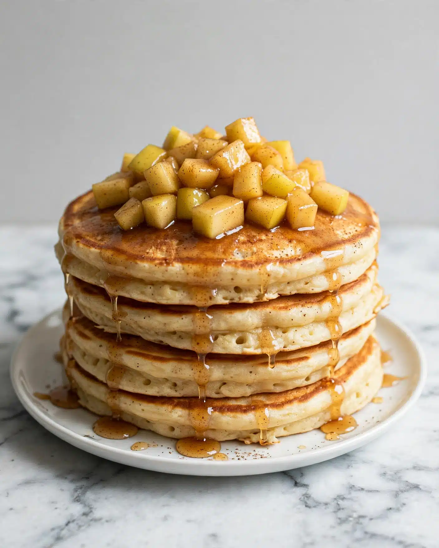 Apple Cinnamon Pancakes with Apple Topping Recipe 5 The image shows a stack of thick, brown cinnamon pancakes on a white plate with a white marbled surface underneath. The pancakes have a slightly crispy, golden-brown edge and a soft, fluffy inside visible where a piece has been taken out. On top and around the pancakes are small, cubed pieces of cooked apples in a warm, glossy cinnamon syrup, giving a shiny and sticky look. A silver fork is resting inside the stack, holding a piece of pancake with apple cubes on top. The colors are warm browns and golden yellows with a slight shine from the syrup, and the background is softly blurred. photo taken with an iphone --ar 4:5 --v 7
