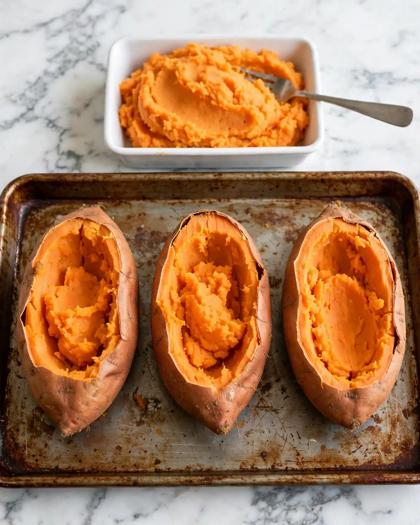 The image shows three hollowed-out orange sweet potato shells placed in a row on a rusty baking tray. Each sweet potato shell has a rough texture with some soft mashed orange sweet potato left inside. At the back of the tray, there is a white rectangular baking dish filled with mashed orange sweet potato, with a silver fork resting inside. The background surface is white marbled texture. Photo taken with an iphone --ar 4:5 --v 7