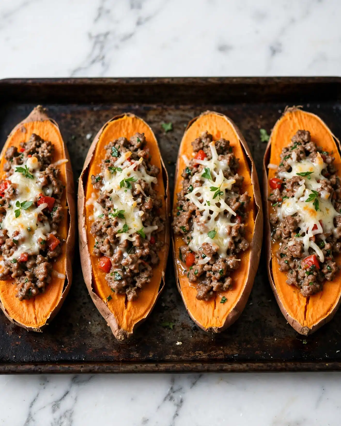 The image shows four halves of baked sweet potatoes arranged in a row on a rustic dark baking tray, each filled with a layer of cooked brown ground meat mixed with small bits of diced green herbs and red vegetables. The ground meat looks soft and moist, slightly glossy with melted white cheese sprinkled on top, also garnished with small green herb leaves. The sweet potato skin is brown with a bright orange inside visible around the meat filling. The background surface has been changed to a white marbled texture. photo taken with an iphone --ar 4:5 --v 7