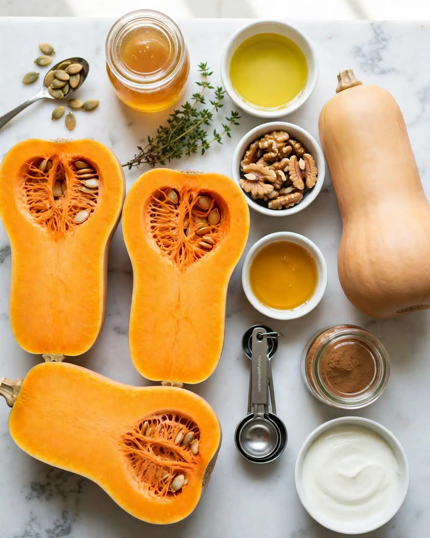The image shows a group of halved orange butternut squashes with seeds and stringy insides visible, laid out on a white marbled surface; to the right, there is one whole butternut squash with a smooth, pale orange skin. Surrounding the squashes are several small white bowls filled with ingredients—the top bowl has a pale yellow liquid, likely oil, the middle bowl contains walnut halves with a rough texture, and the smallest bowl has a golden honey liquid. Below the honey, there are silver measuring spoons stacked together and next to them a small glass jar with brown cinnamon powder. At the bottom right, a white bowl is filled with smooth, creamy white yogurt. A small glass jar of honey and a sprig of green fresh thyme add color contrast in the top center of the image. A silver spoon with some pumpkin seeds sits near the top left corner. The whole scene has soft, natural light and is placed on a clean white marbled surface. photo taken with an iphone --ar 4:5 --v 7