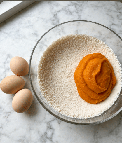 A clear glass bowl sits on a white marbled surface, filled with three main layers: a base layer of fine, white grainy texture forming a ring along the bottom and sides, three bright yellow raw eggs positioned near the center, and a thick, smooth orange mound of pumpkin puree placed adjacent to the eggs on one side, creating a clear contrast between the white, yellow, and orange elements within the bowl photo taken with an iphone --ar 4:5 --v 7