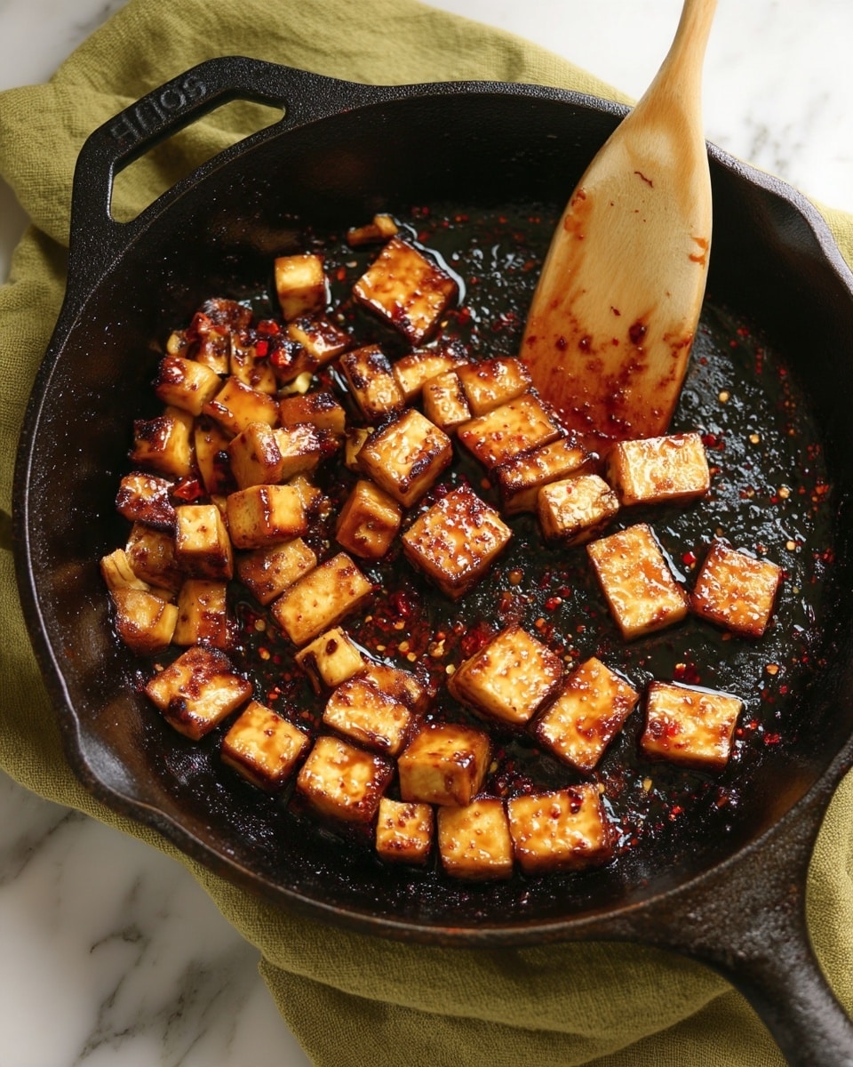 In a large black cast iron pan, small cubes of golden brown tofu are cooking, with some pieces showing a darker, slightly crispy char on the edges. The tofu looks shiny and coated with a dark sauce mixed with small red chili flakes. A light wooden spatula is resting inside the pan on top of the tofu, showing some sauce stains. The pan is placed on a soft, olive green cloth, all set on a white marbled surface. Photo taken with an iphone --ar 4:5 --v 7