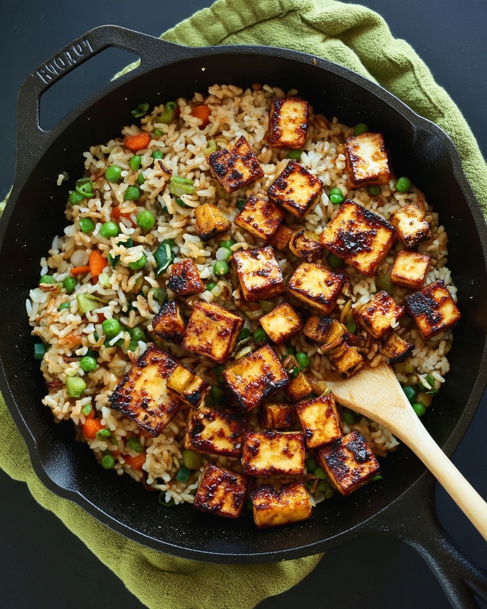 A black cast iron pan sits on a light green cloth over a black surface, filled with cooked brown rice mixed with small green peas, orange carrot pieces, and chopped green onions spread evenly throughout. On top of the rice mixture, there is a layer of small, golden cubes of tofu with varying charred marks, adding darker brown spots across the tofu. A light wooden spoon is placed inside the pan, partially covered by the rice. The scene is clear and close up, showing the different textures of the ingredients. photo taken with an iphone --ar 4:5 --v 7