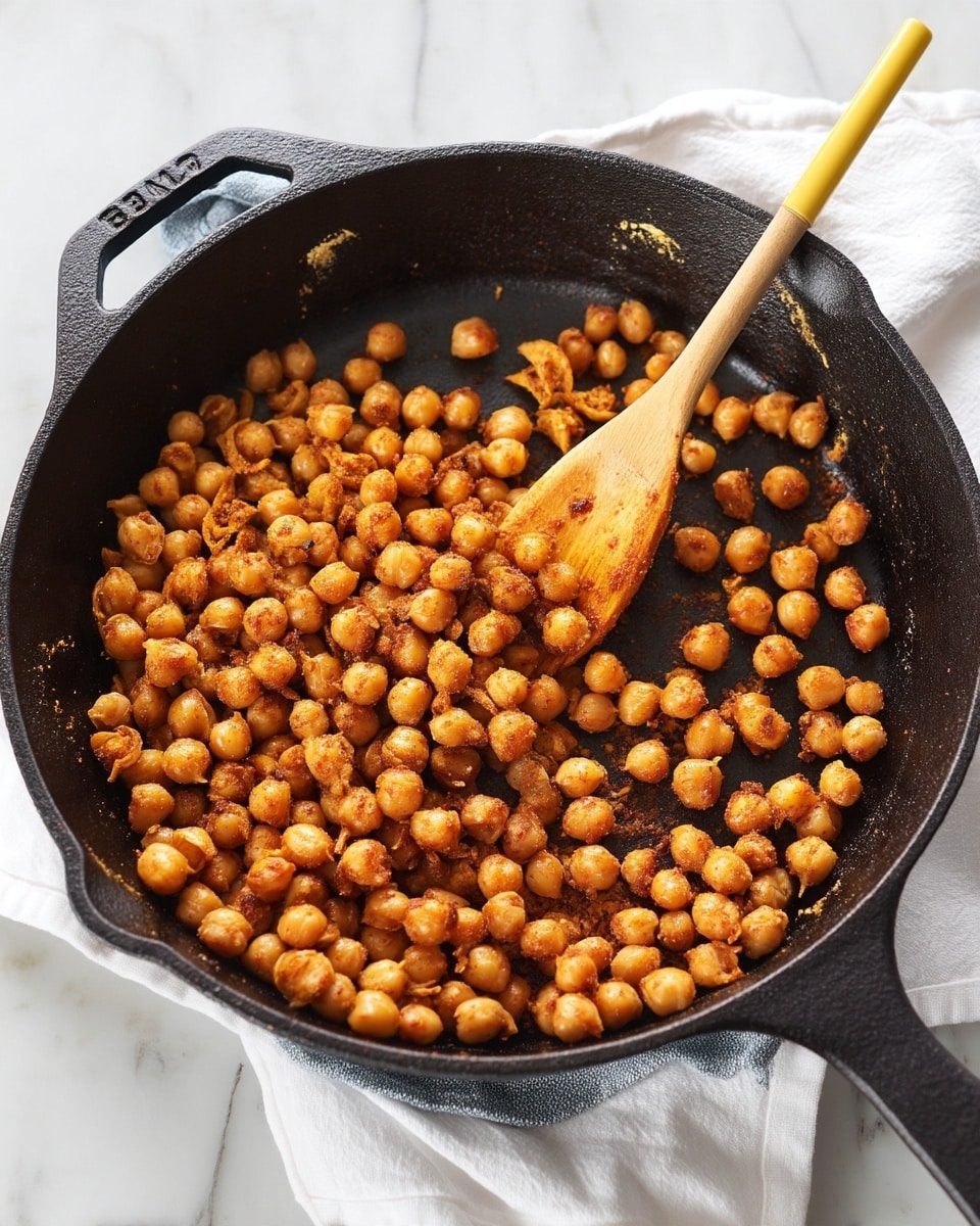 A black cast iron pan filled with cooked chickpeas that are golden brown and slightly crispy. The chickpeas are spread mostly on one side, showing some texture from spices on their surface. A wooden spoon with a yellow handle rests in the pan, stirring the chickpeas. The pan is placed on a white cloth on a white marbled surface. Photo taken with an iphone --ar 4:5 --v 7