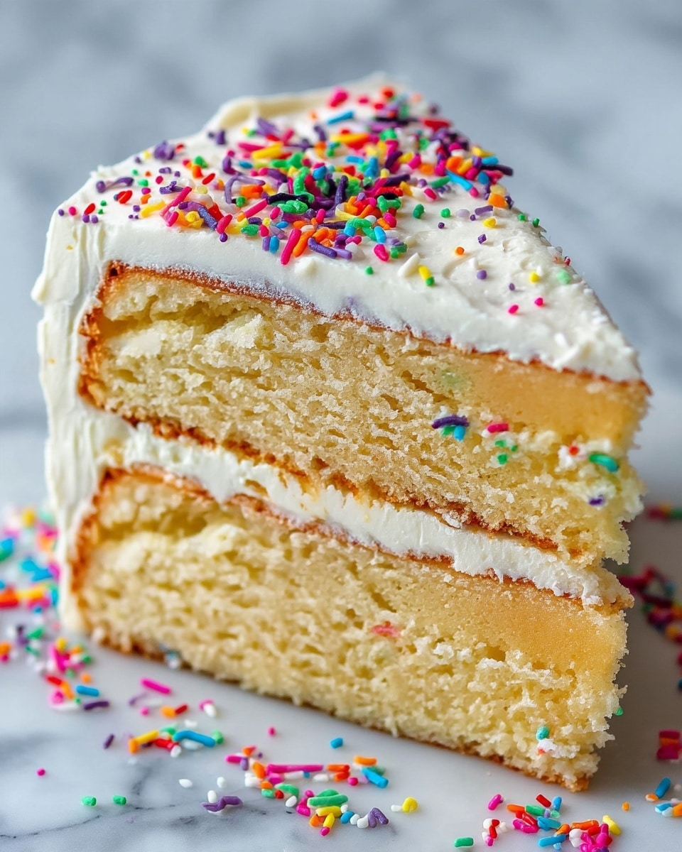 The image shows a close-up of a two-layer vanilla cake with white frosting all over the outside. The cake layers are light yellow with a soft, fluffy texture. Between the layers, there is a thin layer of white frosting, smooth and creamy. The top of the cake has colorful rainbow sprinkles scattered on the white frosting. The cake is placed on a white marbled surface. Photo taken with an iphone --ar 4:5 --v 7