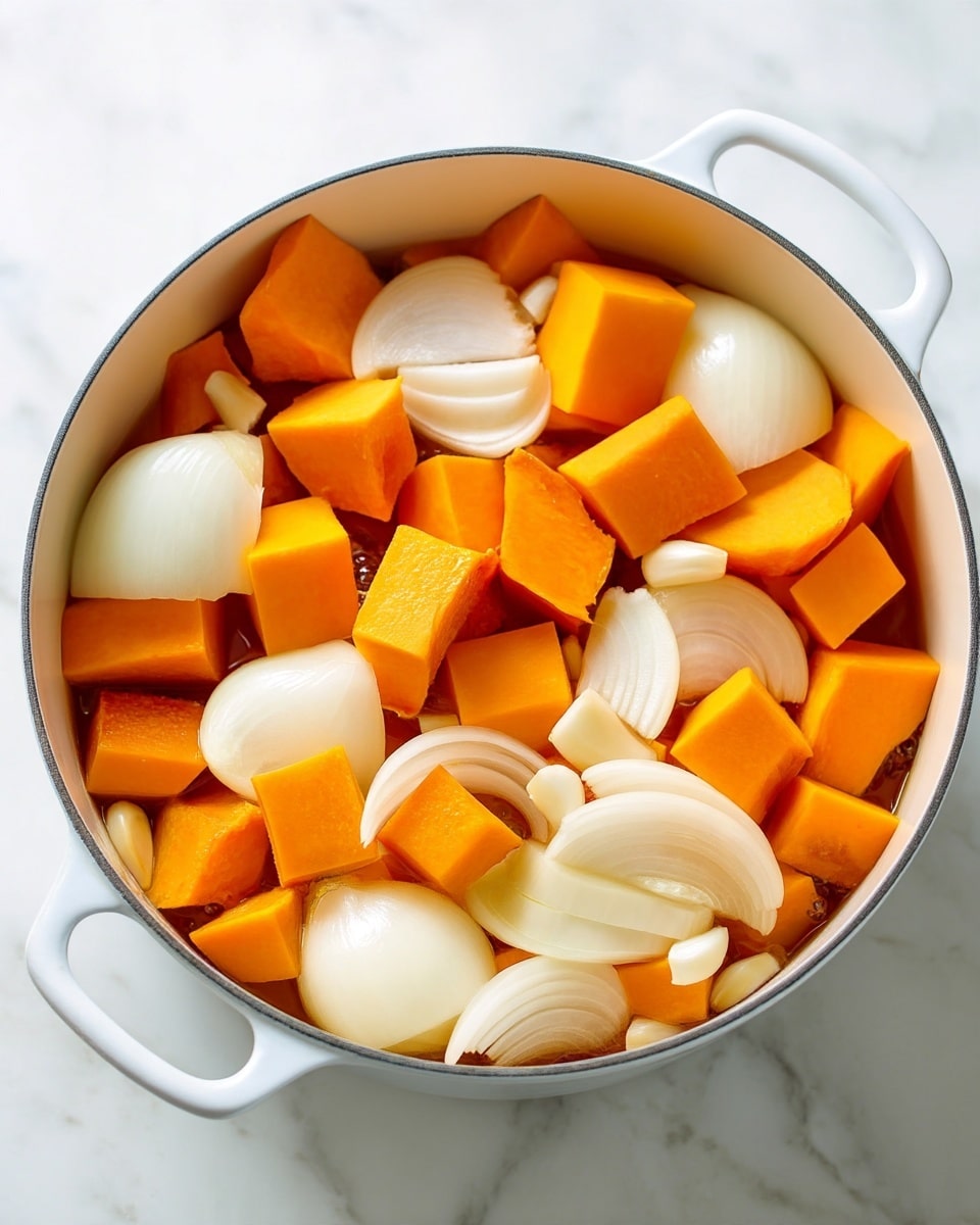 The image shows a close-up of a white pot filled with large orange cubes of pumpkin pieces, white thick slices of onion, and creamy white chunks of garlic, all mixed together with a clear liquid covering the vegetables. The colors are warm and natural, with the bright orange of the pumpkin contrasting with the pale tones of onion and garlic. The surface where the pot is placed is a white marbled texture, creating a clean and fresh background. Photo taken with an iphone --ar 4:5 --v 7