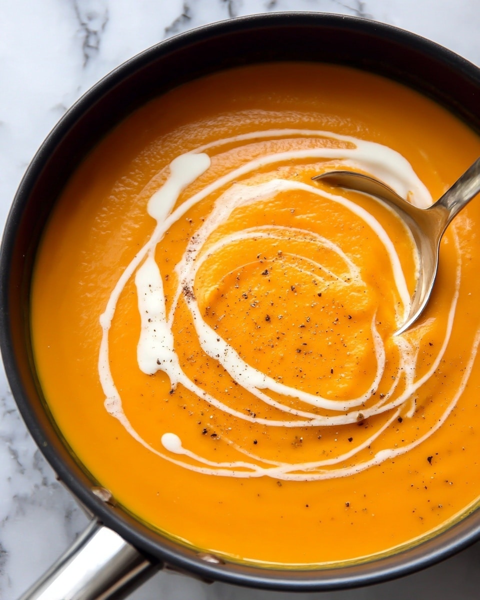 A white bowl with a blue rim holds bright orange soup with a smooth texture. The soup is topped with a swirl of white cream and sprinkled with green herbs and a little black pepper. A woman's hand is dipping a piece of soft white bread into the soup, showing the bread soaked with the orange liquid. The bowl is set on a white marbled surface that looks clean and bright. Photo taken with an iphone --ar 4:5 --v 7