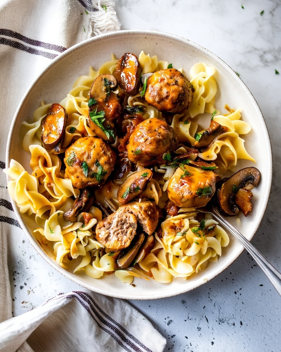 A gray pan filled with about 20 round, golden brown meatballs arranged closely together, sitting in a thin, reddish-brown sauce that covers the bottom of the pan. Lightly browned, sliced mushrooms are scattered around the meatballs, partially submerged in the sauce. Fresh green parsley bits are sprinkled on top of the meatballs and mushrooms, adding color contrast. The pan has a shiny metal handle, and the scene is set on a white marbled surface with a small bowl of chopped herbs visible in the corner. photo taken with an iphone --ar 4:5 --v 7