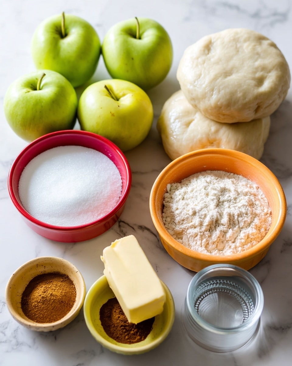 The image shows several green apples placed on a white marbled surface on the left side. To the right, there are two round dough pieces with a soft texture stacked slightly on top of each other. Below the dough, there is a bright red bowl filled with white granulated sugar. To the right of the sugar bowl, there is an orange bowl filled with white flour. Next to the flour bowl, there is a small yellow bowl with a brown powder, likely cinnamon. In front of the cinnamon bowl, there is a rectangular block of pale butter. A clear glass cup, possibly for water, is placed in between the flour and sugar bowls. The whole arrangement is set on a white marbled surface, creating a clean, fresh look. photo taken with an iphone --ar 4:5 --v 7