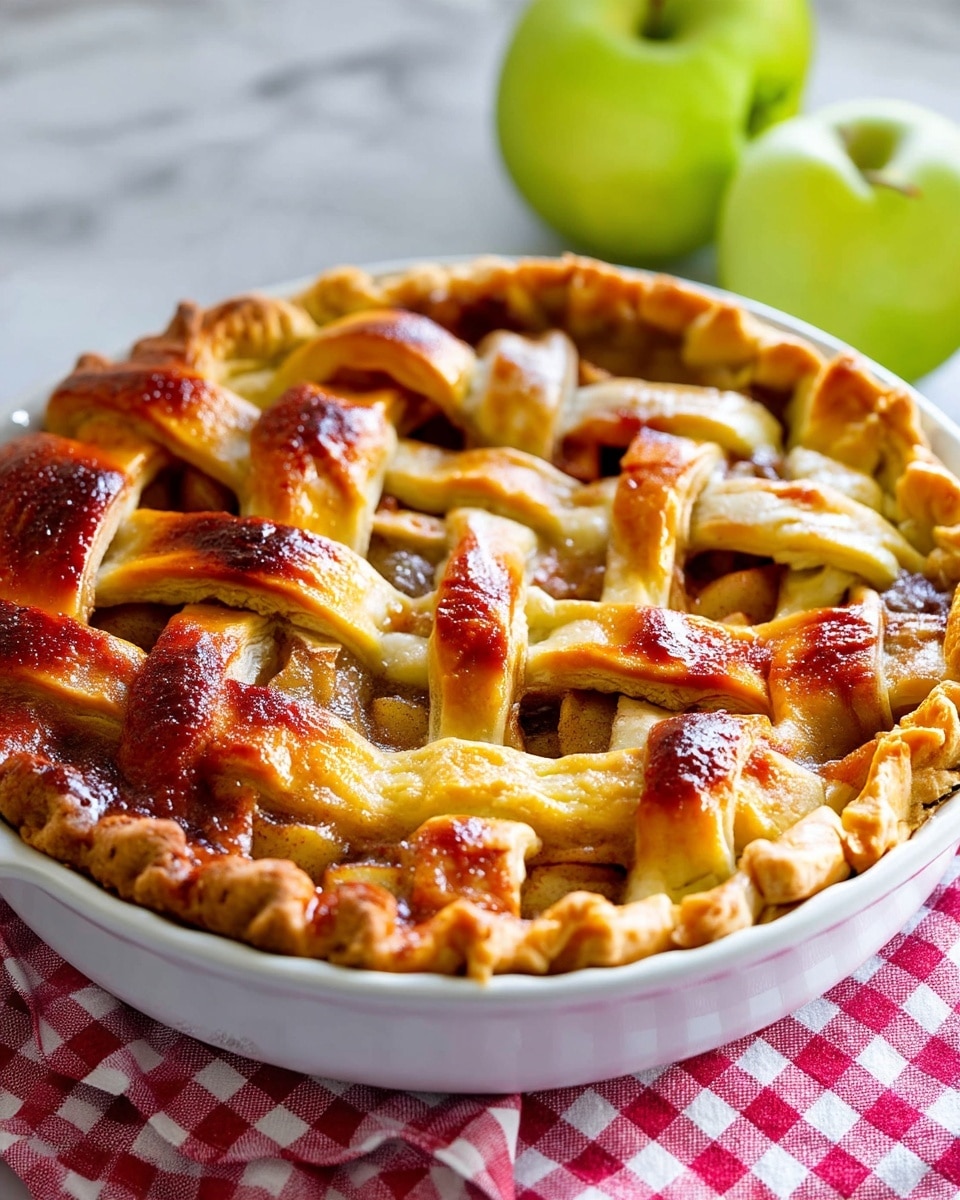 A slice of apple pie with a golden brown lattice crust sits on a white plate. The lattice crust has a shiny, slightly crispy texture with a few sparkling sugar crystals on top. Below the lattice, there are three visible layers of soft, cooked apple slices mixed with a light cinnamon-brown sauce. A silver fork rests near the pie slice on the plate. The plate is placed on a red and white checkered cloth, and two green apples are blurry in the white marbled background. photo taken with an iphone --ar 4:5 --v 7