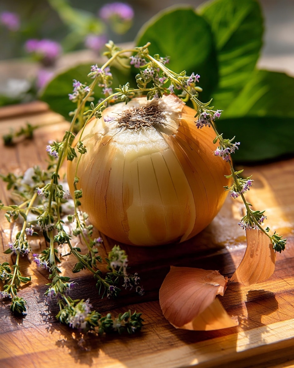 A whole yellow onion with a pale yellow inner layer visible from a slit at the top center sits on a wooden cutting board. There are brown onion skins scattered around it, some curled and textured. Fresh green herb sprigs with small light purple flowers lay delicately across the onion and the board, adding a fresh, natural touch. In the background, large green leaves can be seen resting on the board. The lighting creates warm highlights and soft shadows, emphasizing the textures of the onion skin, herbs, and wooden surface. photo taken with an iphone --ar 4:5 --v 7