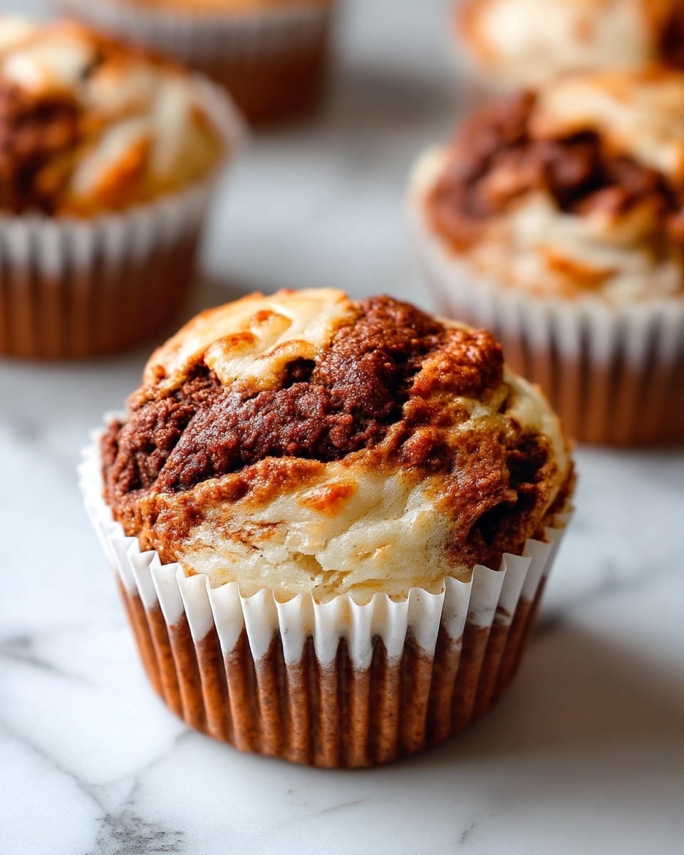 The image shows two muffins stacked on top of each other on a white marbled surface, both wrapped in light brown paper liners with ridges. The muffins have a light golden-brown and slightly uneven top with darker brown swirls or spots throughout, showing a textured, baked appearance. In the blurred background, more muffins are visible with similar colors and textures, giving a warm and appetizing look. Photo taken with an iphone --ar 4:5 --v 7