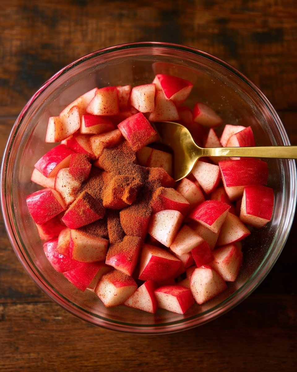 The image shows one clear glass bowl filled with small cubes of red-skinned apples mixed evenly with a brown powdery spice, likely cinnamon. A shiny gold spoon is partially inserted into the apple mixture resting on the right side inside the bowl. The bowl is placed on a dark wooden surface which is seen through the transparent glass. photo taken with an iphone --ar 4:5 --v 7