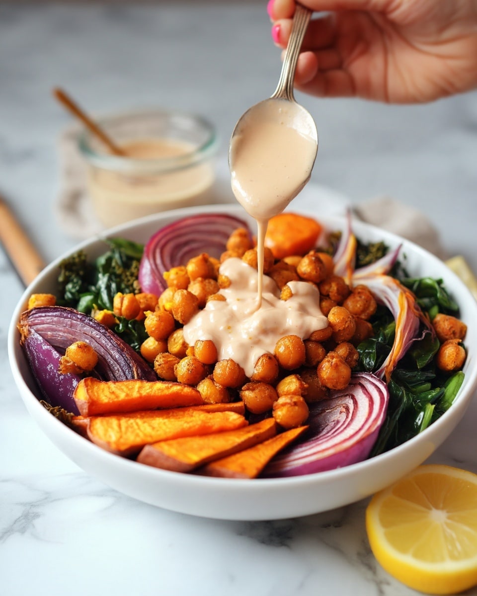 A white bowl holds a colorful, layered dish starting with a base of dark green leafy vegetables. On top of this, there are roasted purple onion wedges and bright orange roasted sweet potato pieces arranged around the edge. The center layer is a generous heap of golden brown, roasted chickpeas. A creamy, light beige sauce is being poured over the chickpeas with a spoon held by a woman's hand. A lemon wedge is placed next to the bowl on a white marbled surface. The image has a soft, natural light and a slightly blurred background to focus on the dish. photo taken with an iphone --ar 4:5 --v 7
