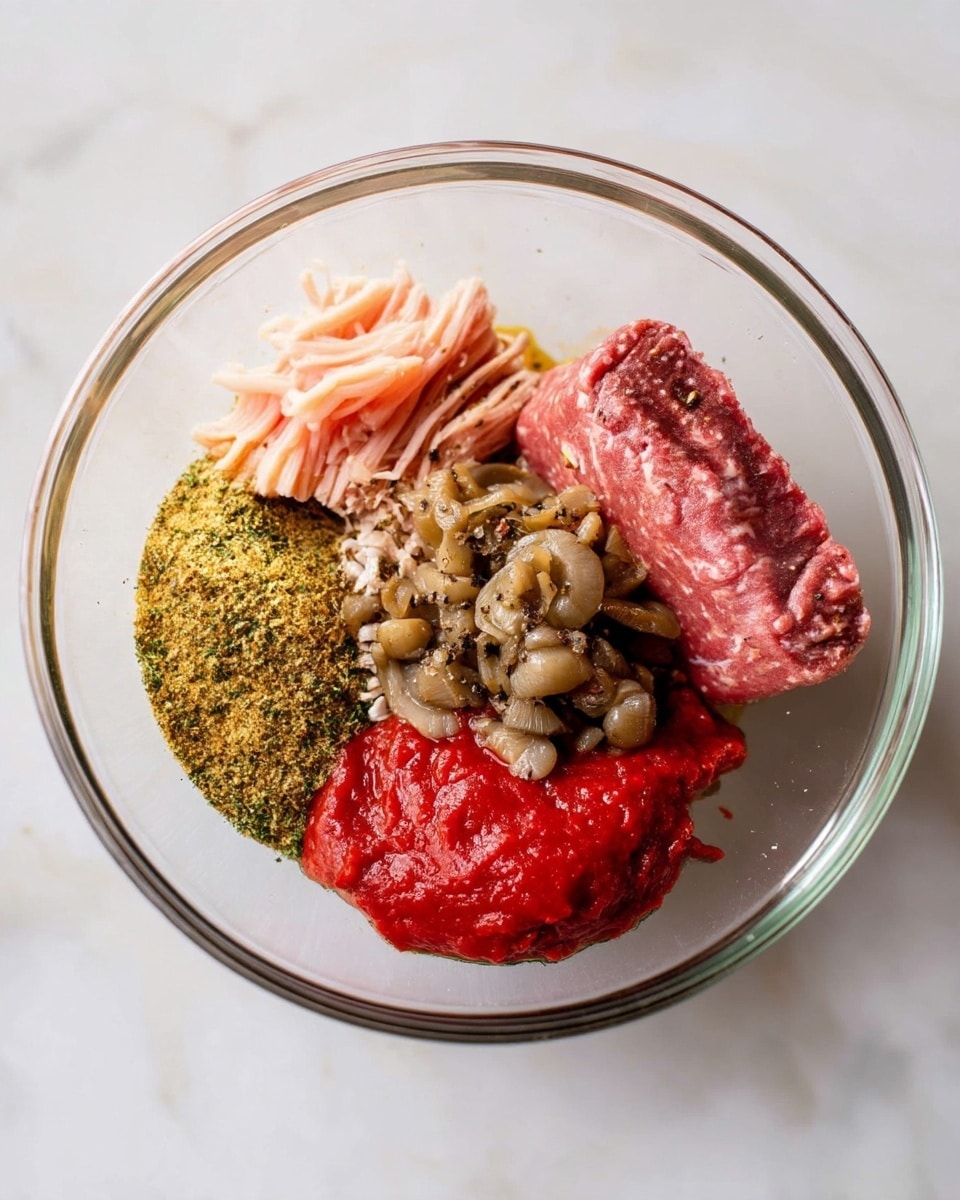 A clear glass bowl sits on a white marbled surface, filled with five distinct ingredients arranged side by side without mixing. On the left is a mound of yellowish-green dry seasoning with a crumbly texture. Next to it, slightly to the right and above, is a small pile of pale pink shredded meat strands that look soft and moist. To the right of the shredded meat is a cluster of small chopped light brown nuts or mushrooms. Below them is a bright red dollop of thick, smooth paste. Finally, on the far right is a dense block of raw red ground meat, evenly shaped. Small specks of black pepper sprinkle the whole mixture lightly. Photo taken with an iphone --ar 4:5 --v 7