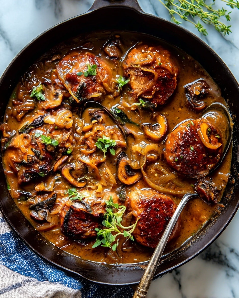 A deep white bowl holds a rich, dark brown stew with visible soft, cooked onion slices and small mushrooms mixed throughout. On one side, a browned, glossy piece of meat is partly covered by the stew, topped with a few small green leaves for garnish. Resting on the edge of the bowl is a piece of light golden bread with a fluffy, crumbly texture and an uneven torn shape. In the background, pieces of similar bread and a clear, textured glass are placed on a white marbled surface. photo taken with an iphone --ar 4:5 --v 7