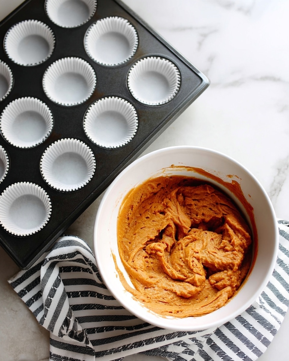 The image shows a white bowl filled with thick, orange-brown pumpkin batter with a textured, slightly rough surface. The bowl is placed on a white marbled surface with a folded black and white striped cloth beneath it. Next to the bowl is a dark muffin tray lined with white paper cupcake liners, each liner neatly placed in a cup of the tray. The scene is bright and clean, highlighting the fresh batter and empty liners ready for baking. Photo taken with an iphone --ar 4:5 --v 7