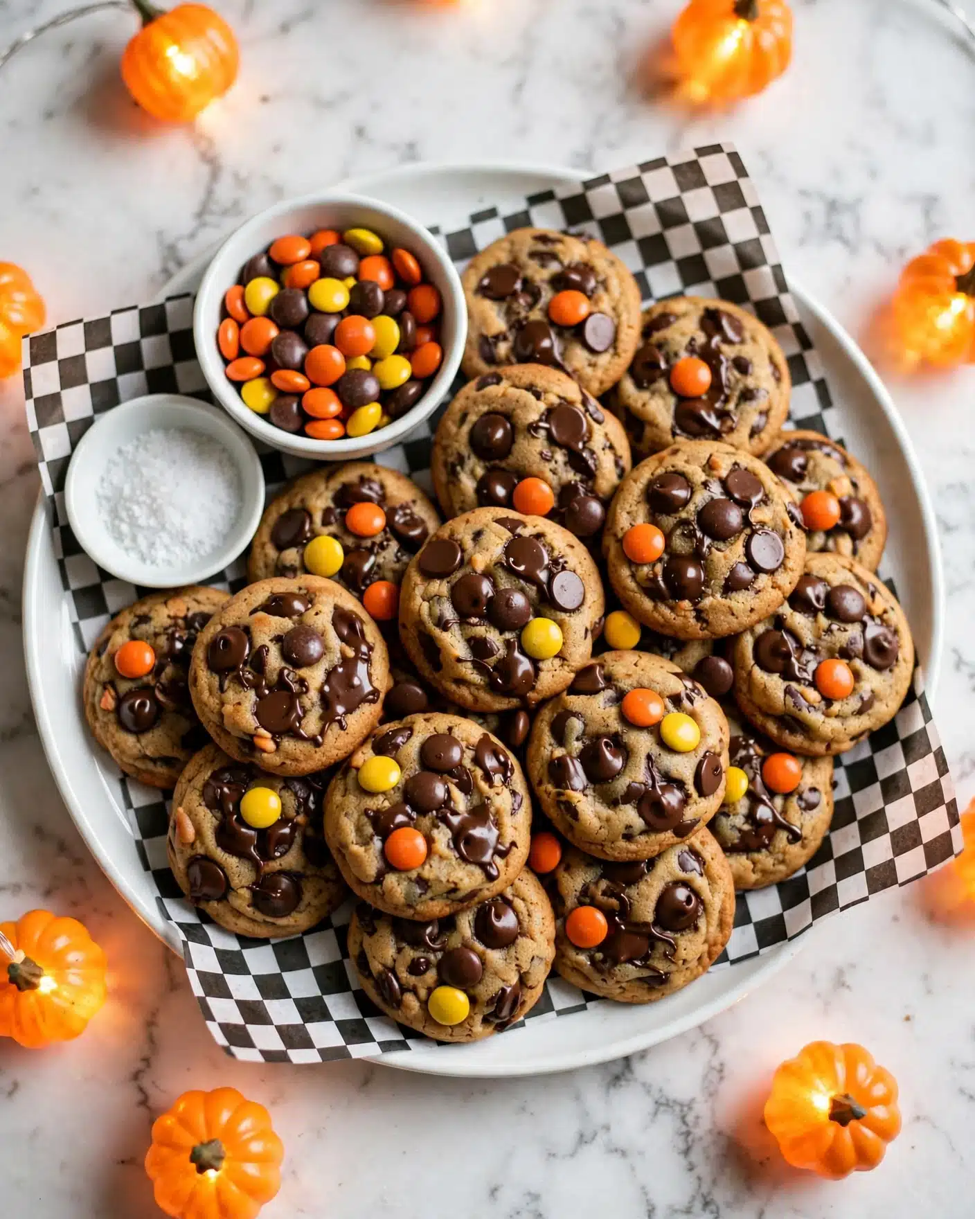 Flourless Monster Cookies: Chewy Peanut Butter Oatmeal Cookies with Reese’s Pieces and Mini Chocolate Chips Recipe 5 A round white plate holds a layer of black and white checkered paper, on which there are many chocolate chip cookies. Each cookie is golden brown with melted dark chocolate chips and topped with orange, yellow, and brown candy-coated pieces scattered unevenly. In the top left section of the plate, a small white bowl is filled with more of the colorful candy-coated pieces. To the left of the bowl, there is a small white dish filled with coarse white salt. Around the plate, small orange pumpkin-shaped lights add a warm glow. The whole scene is set on a white marbled surface. photo taken with an iphone --ar 4:5 --v 7