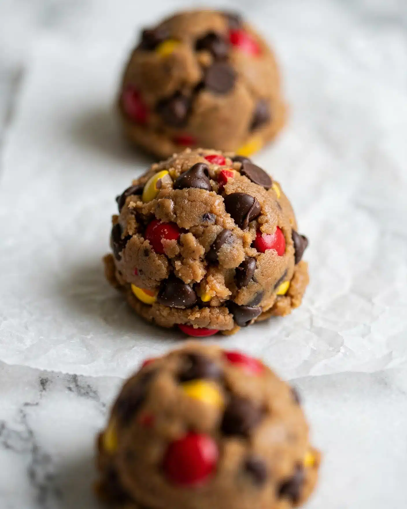 Flourless Monster Cookies: Chewy Peanut Butter Oatmeal Cookies with Reese’s Pieces and Mini Chocolate Chips Recipe 4 The image shows three round cookie dough balls placed in a vertical line on white parchment paper over a white marbled texture background. Each dough ball has a warm brown color with visible dark chocolate chips and red and yellow candy pieces scattered and partly embedded on their surface, giving a colorful look. The dough looks soft and slightly sticky, with a bumpy texture due to the chips and candies. The focus is sharpest on the middle dough ball, with a blurred background and foreground, creating a shallow depth of field effect. photo taken with an iphone --ar 4:5 --v 7