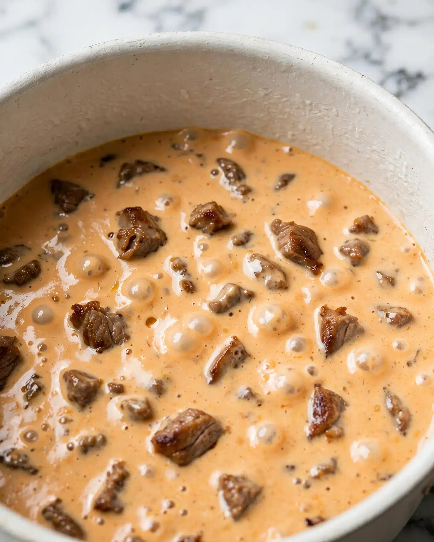 The image shows a close-up of a creamy, light orange sauce with small chunks of browned meat mixed throughout. The sauce has a smooth and thick texture with some glossy spots and a few bubbles, indicating it is hot and cooking. The mixture is inside a white pot with a slightly rough texture on the inside surface and a round edge visible at the top. The background is a white marbled surface. photo taken with an iphone --ar 4:5 --v 7