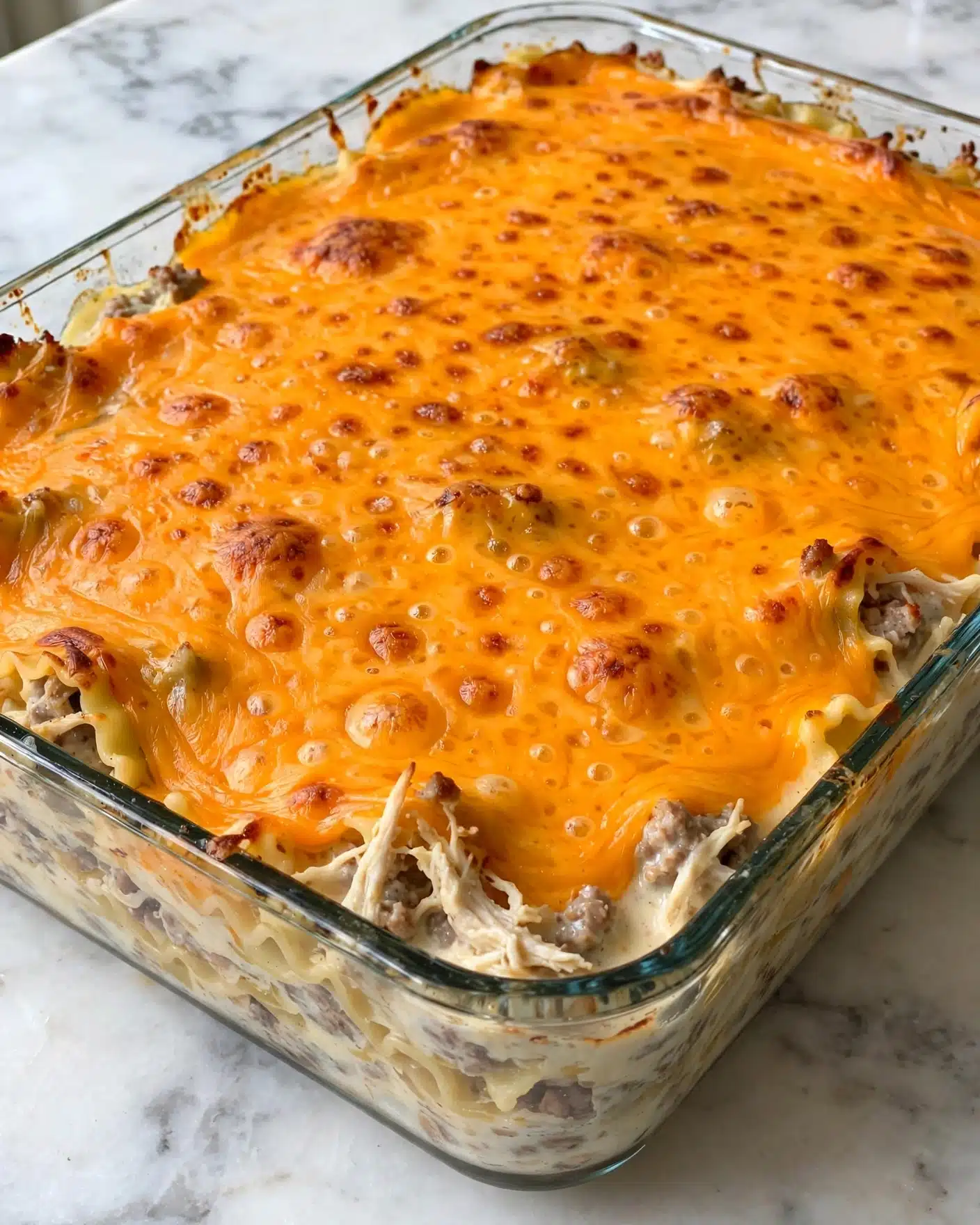 A close-up view of a rectangular glass baking dish filled with a layered casserole. The top layer is thick, bright orange melted cheese that is smooth and bubbly with some small browned spots. Beneath the cheese, hints of a creamy, pale mixture with bits of cooked ground meat and shredded pieces can be seen while the edges of the dish reveal more layers of the casserole. The dish is placed on a white marbled surface. photo taken with an iphone --ar 4:5 --v 7