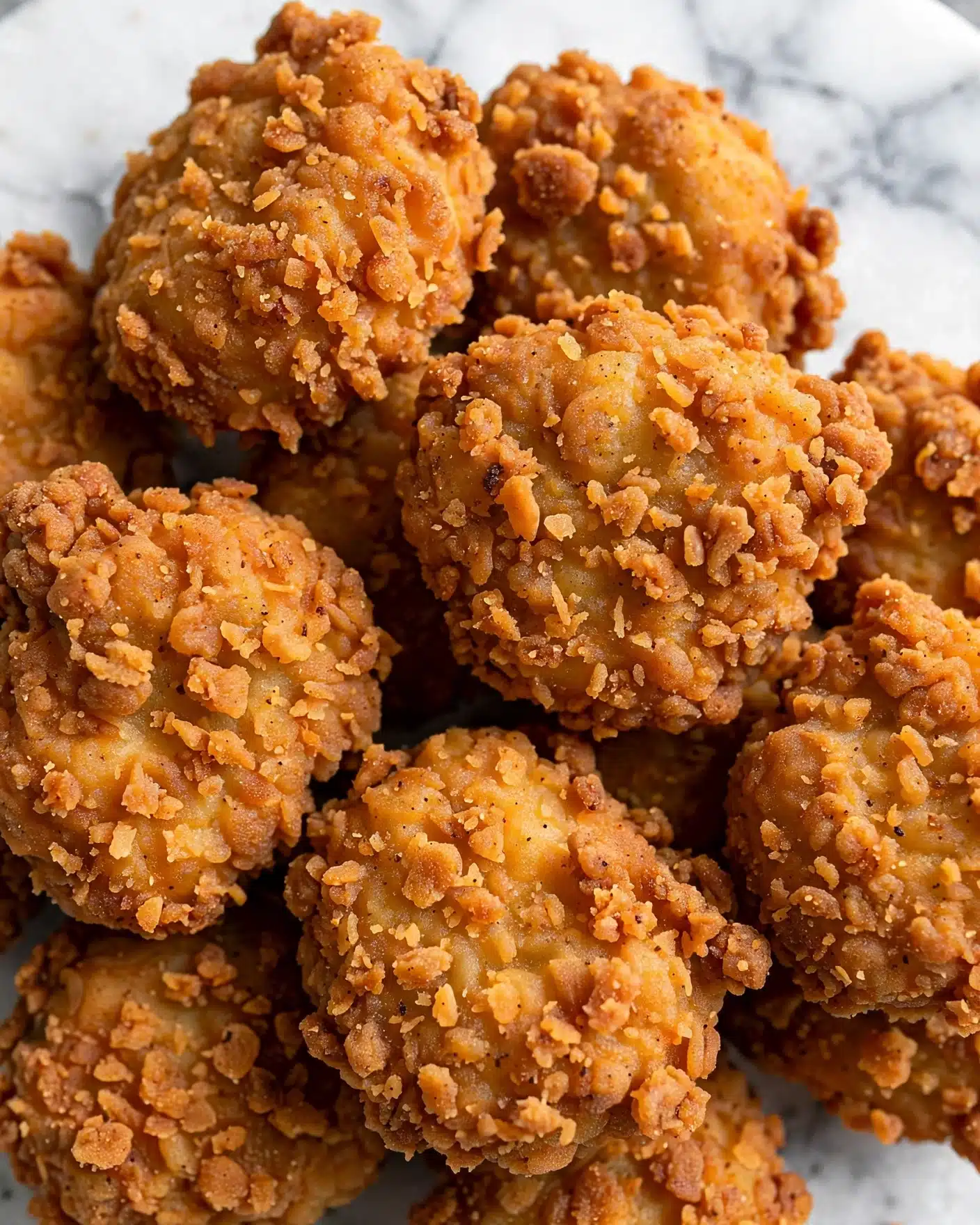 3 Ingredient Crispy Keto Nuggets Recipe 4 The image shows a close-up of several golden brown, crispy food pieces with an uneven, bumpy texture. Each piece is round and has an irregular surface with small crunchy bits all over, creating a crunchy look. The pieces are stacked closely together, filling the frame with their warm, orange-brown color. The background is a white marbled texture. photo taken with an iphone --ar 4:5 --v 7