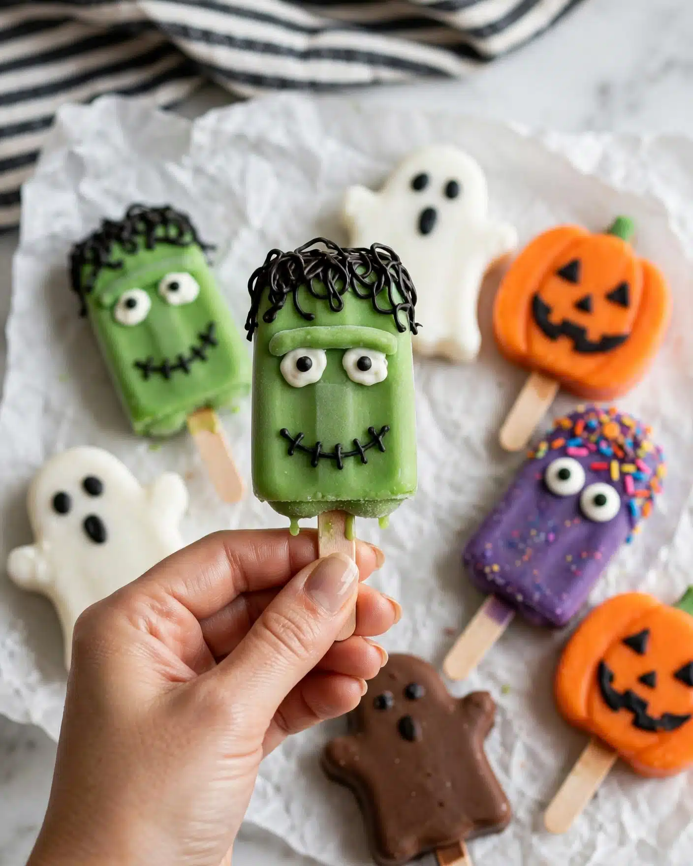 Monster Cake Pops Recipe 4 A woman's hand with checkered nail art holds a white mummy-shaped treat on a wooden stick, decorated with white icing strips and two small black and white eyes. In the background on a white marbled textured surface, there are more Halloween-themed popsicles: an orange pumpkin with black eyes and mouth, two green Frankenstein faces with black details and white eyes, two white ghosts with black eyes and mouths on brown bottoms, and a purple treat with orange and purple sprinkles for hair and white eyes. A black and white striped cloth is blurred in the top part of the image. photo taken with an iphone --ar 4:5 --v 7